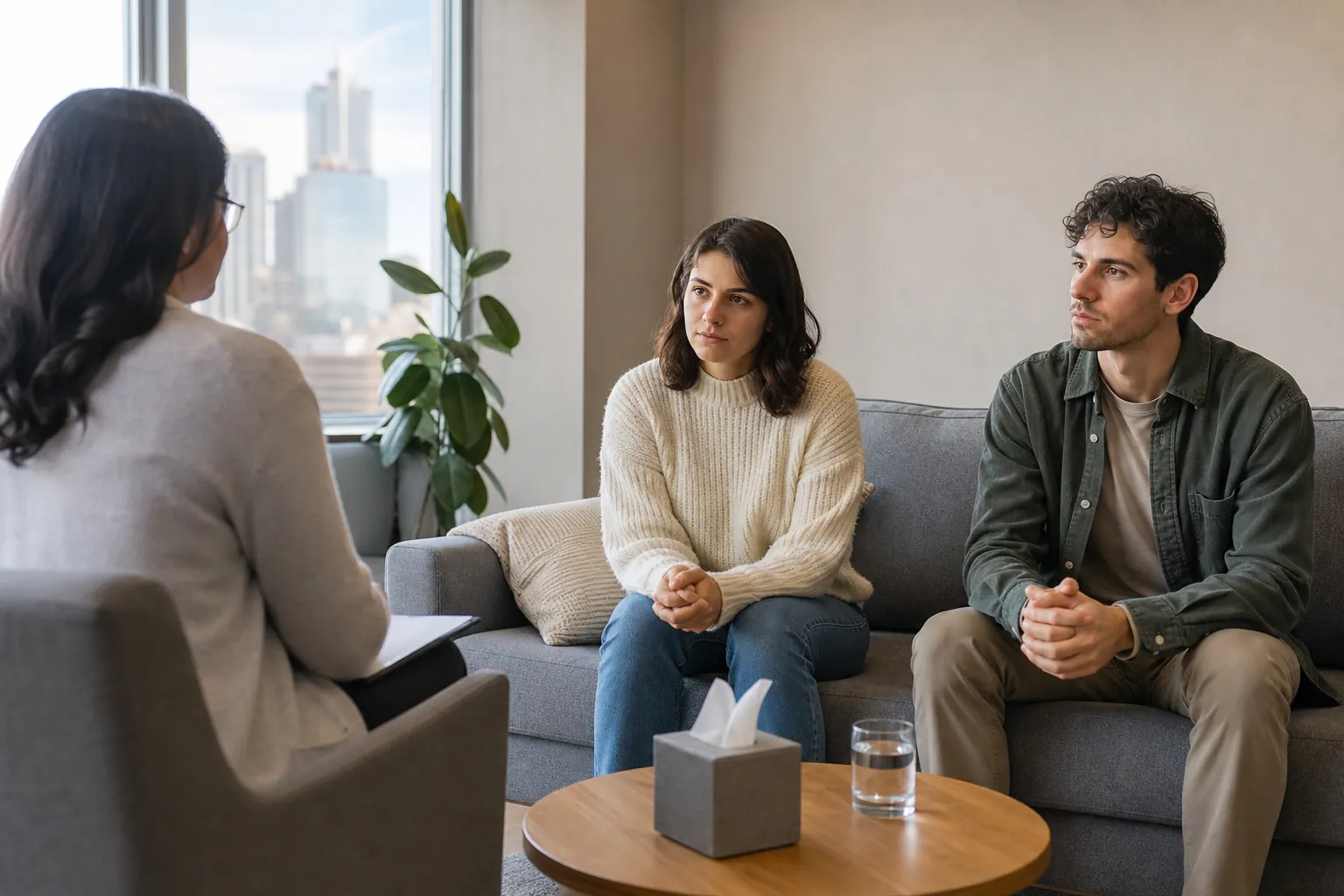 Two People Meeting With a Mental Health Professional A woman and man sit together on a gray sofa facing a professional with a clipboard in a bright office.