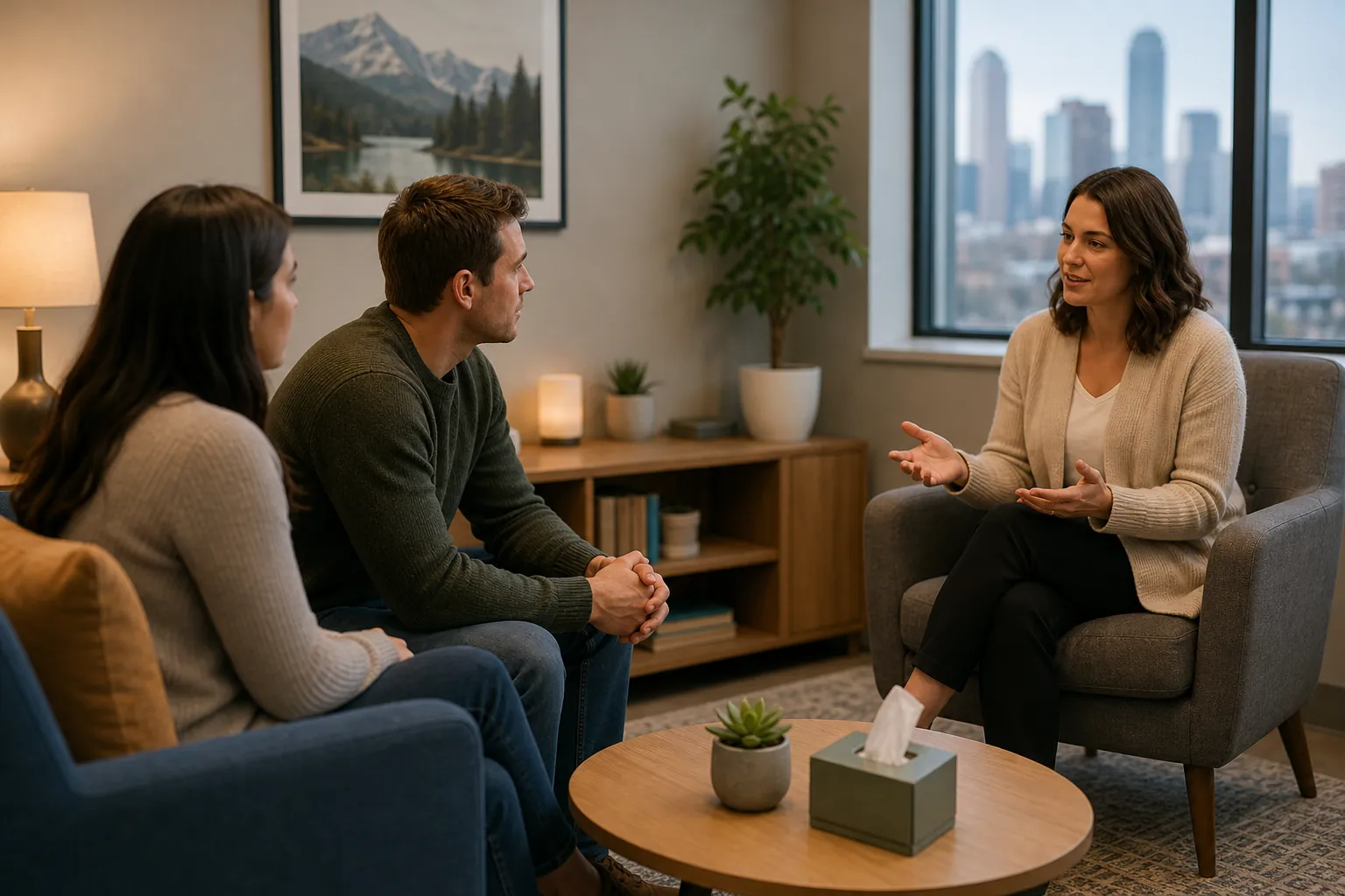 Discussion With a Clinician and Support Person A woman gestures from an armchair while a man and woman sit opposite her in an office with a city view.