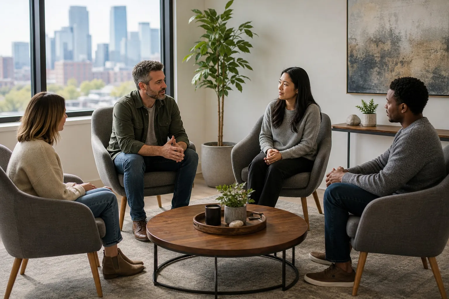 Group Therapy Discussion in a Bright Office Four adults sit in armchairs around a wooden coffee table during a group discussion in a bright office with city views.