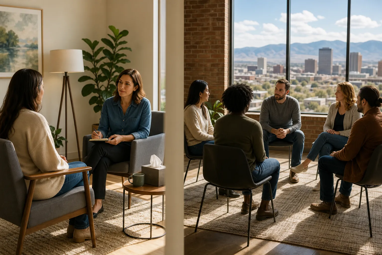 Individual and Group Therapy in Adjacent Office Spaces A therapist meets individually with a woman while five adults sit in a nearby therapy circle overlooking a city and mountains.