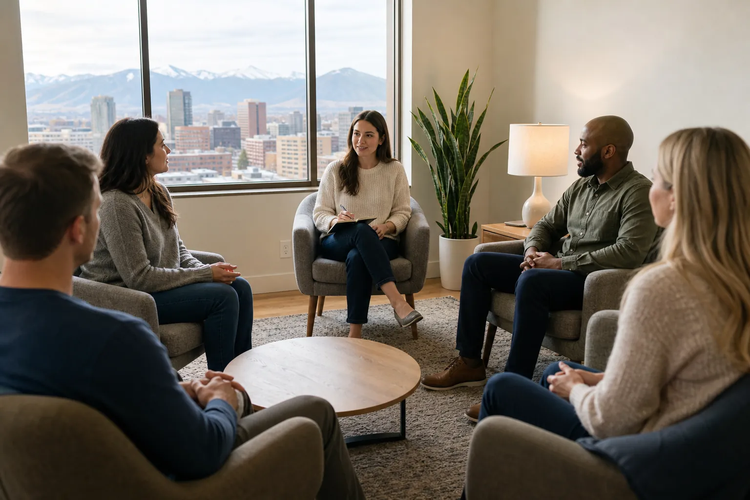 Group Therapy Discussion in a Mountain-View Office Five adults sit in a circle for a group therapy discussion in an office overlooking a city and snowcapped mountains.