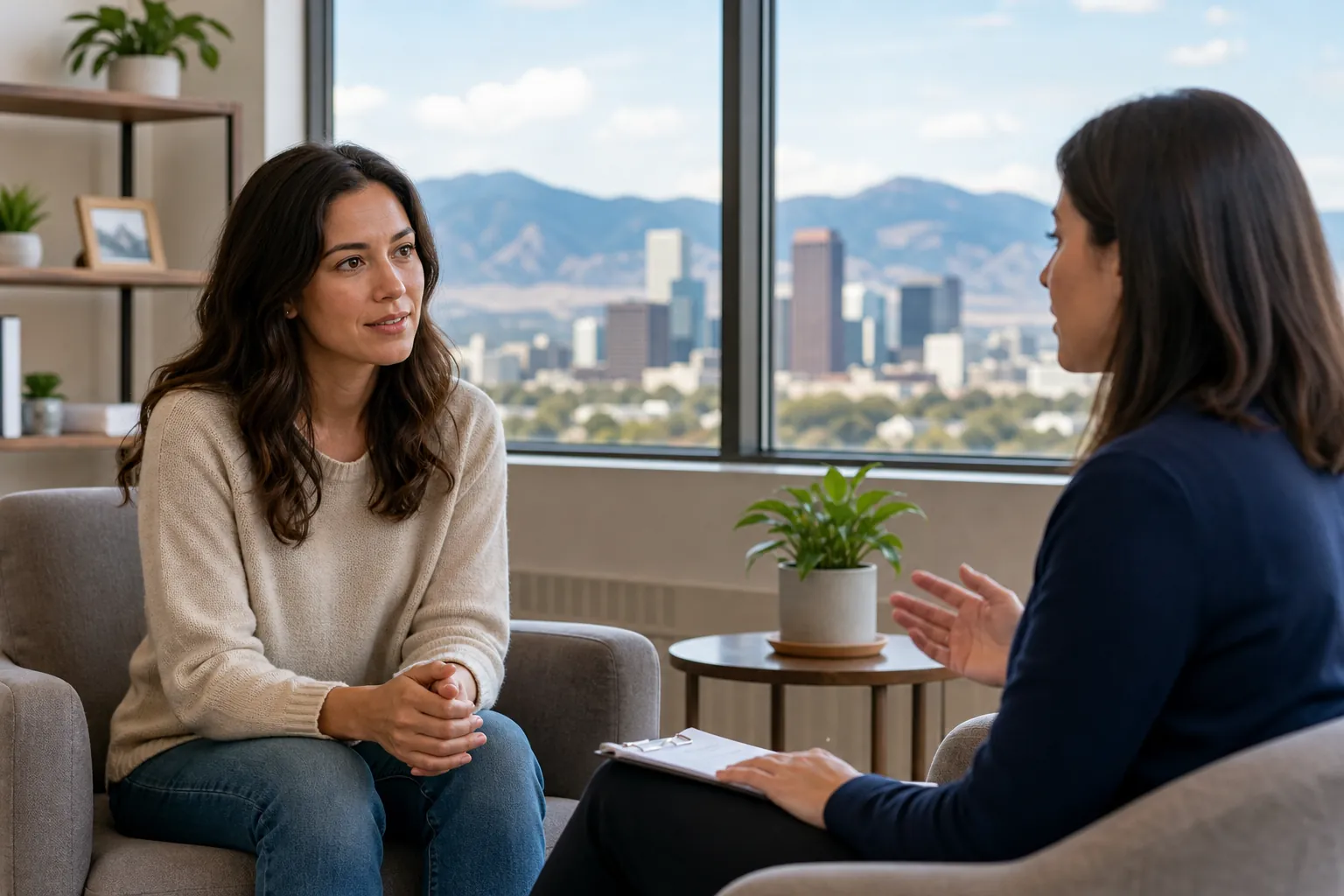 Supportive Consultation in a City Office Two women sit facing each other in an office, one holding a clipboard, with a city skyline and mountains outside the window.