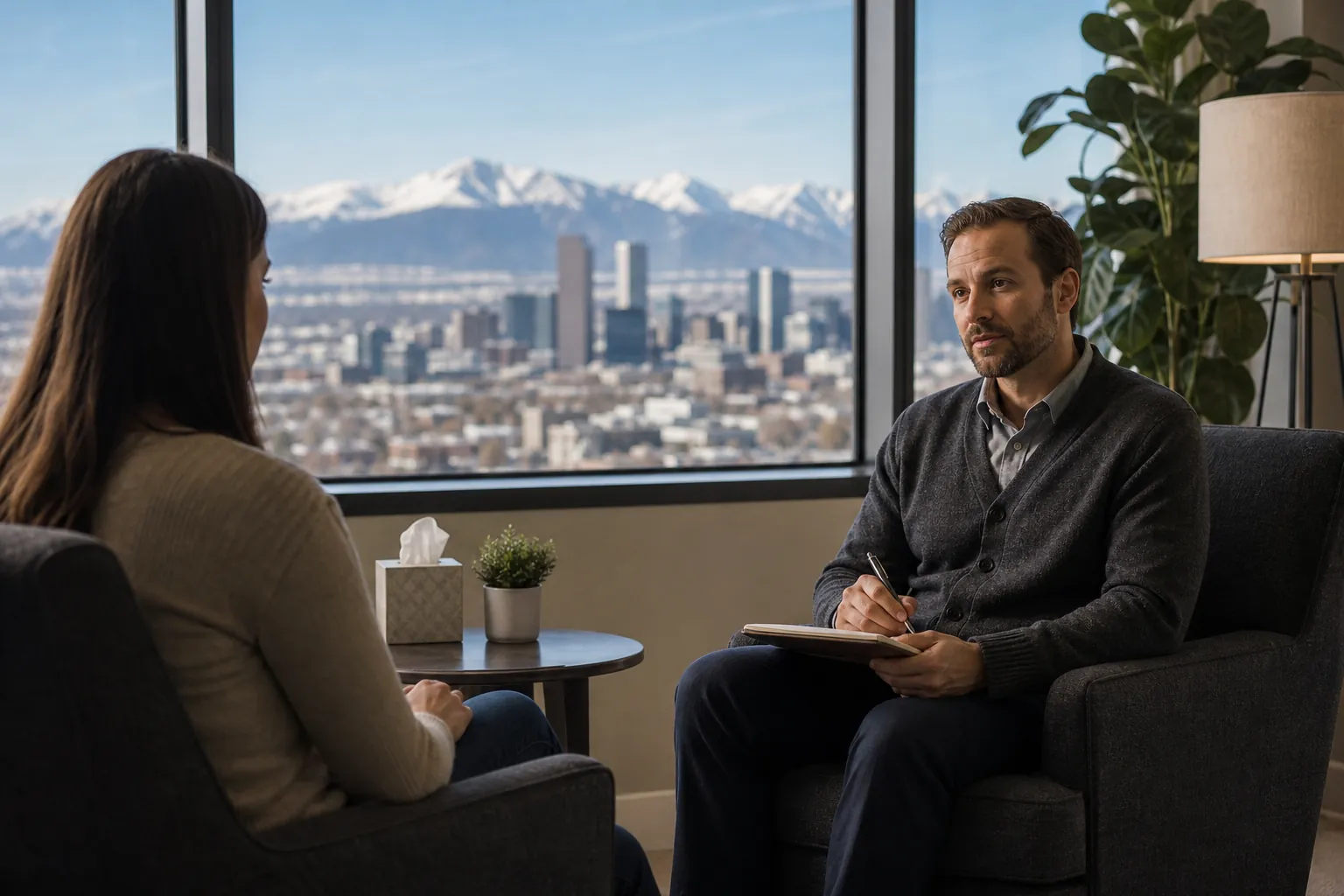 Counseling Session With City and Mountain Views A man holding a pen and notebook sits across from a woman in an office overlooking a city skyline and snowy mountains.