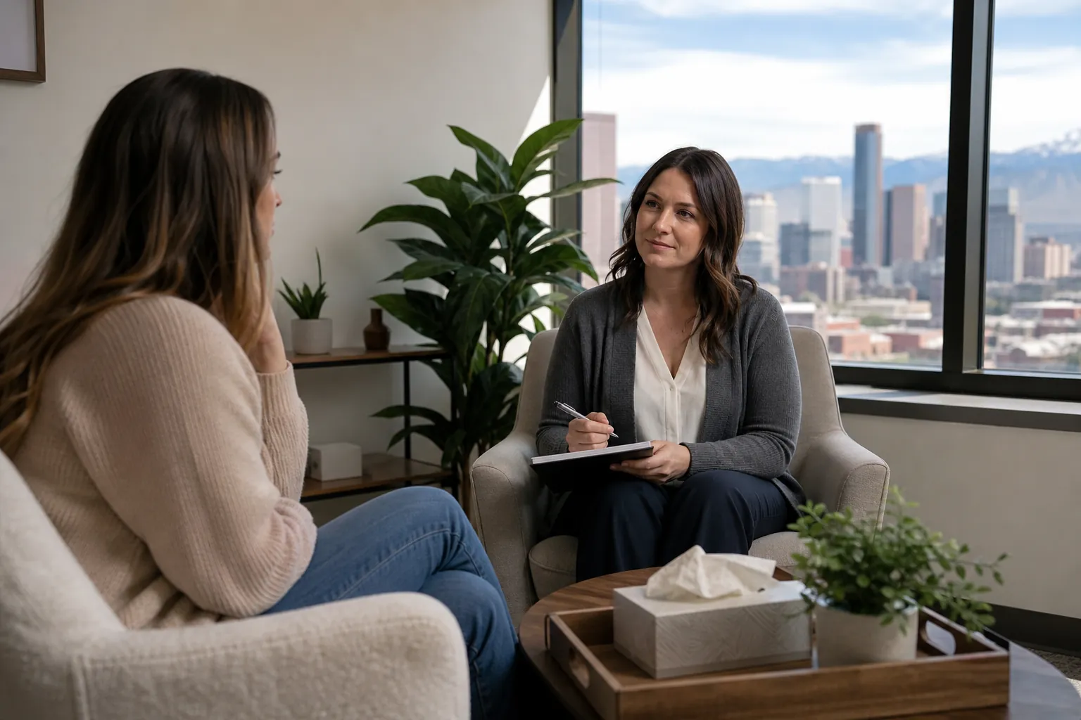 One-on-One Mental Health Support in an Office Two women sit facing each other in an office, one holding a pen and notebook, with a city skyline visible through large windows.