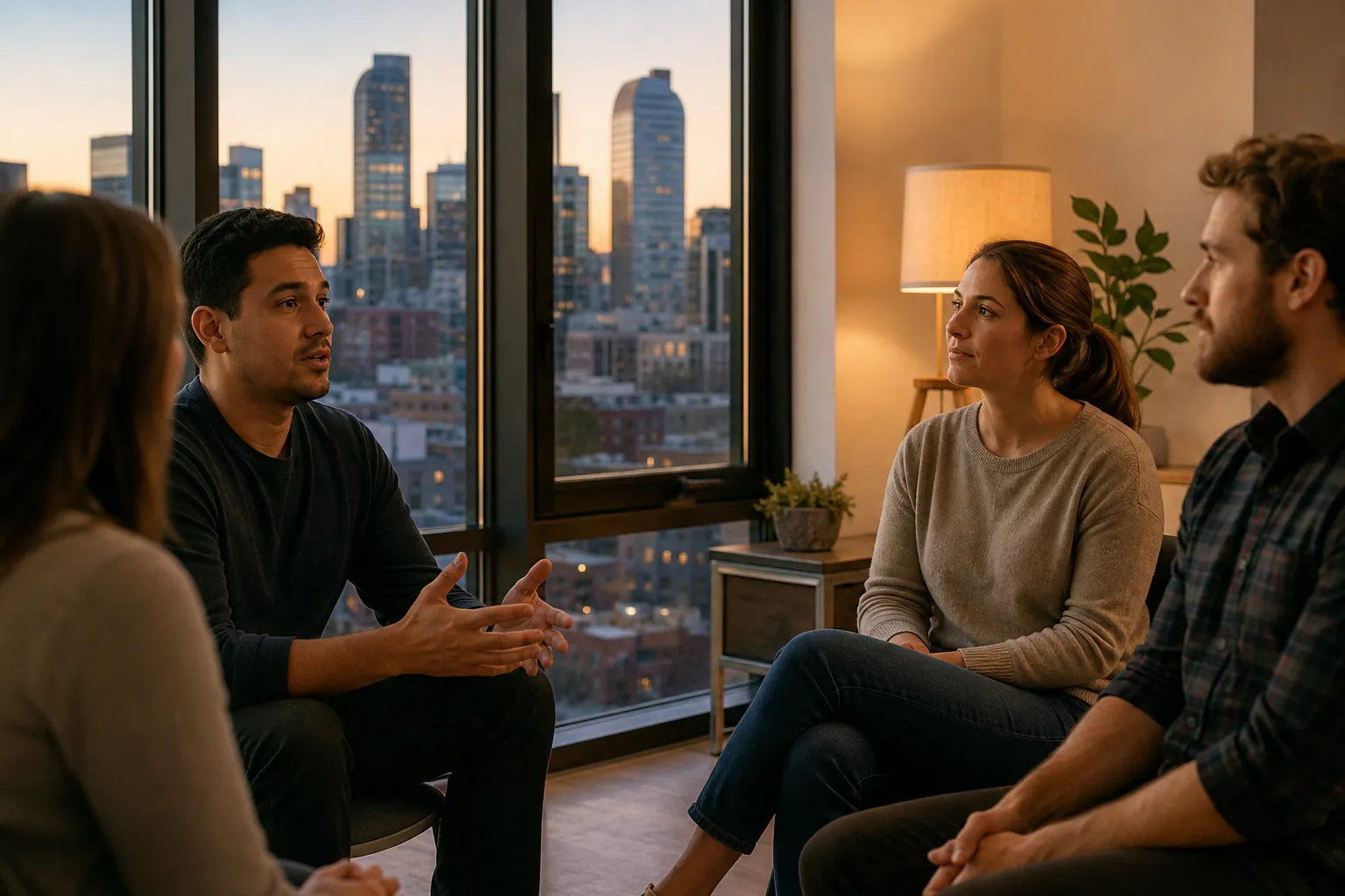 Four adults sit in a discussion circle in a warmly lit room overlooking a city skyline at dusk.