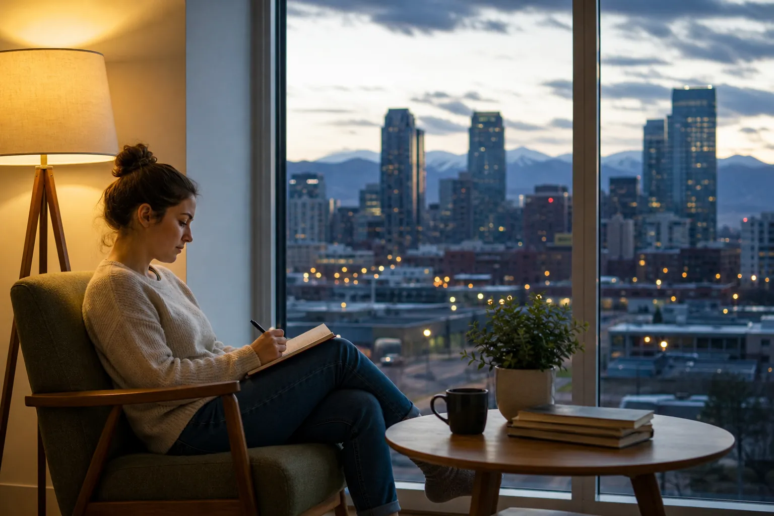 A woman writes in a notebook beside a lit floor lamp, with a city skyline and distant mountains visible through windows at dusk.