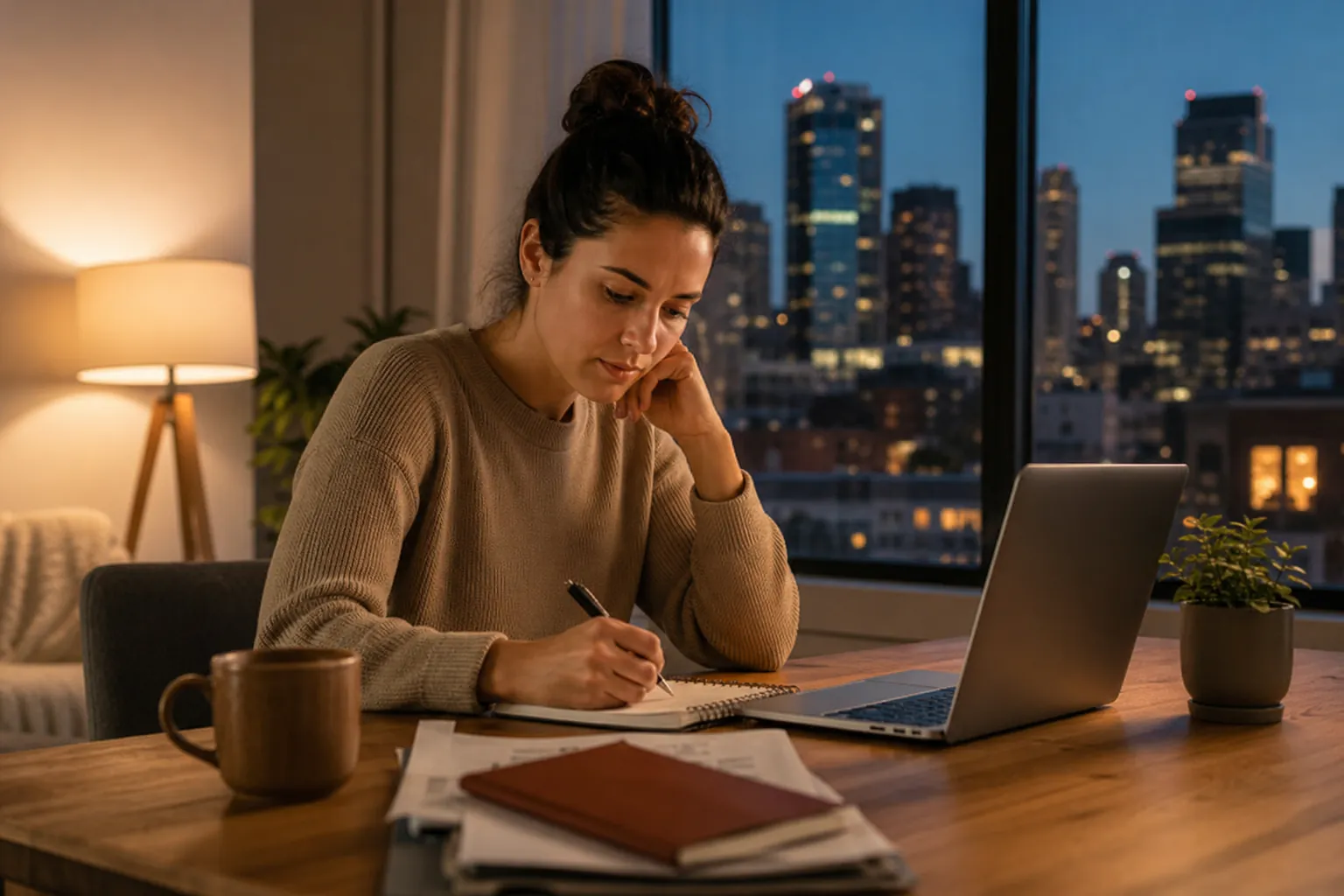 A woman writes in a spiral notebook beside an open laptop at a wooden table, with a city skyline visible at dusk.