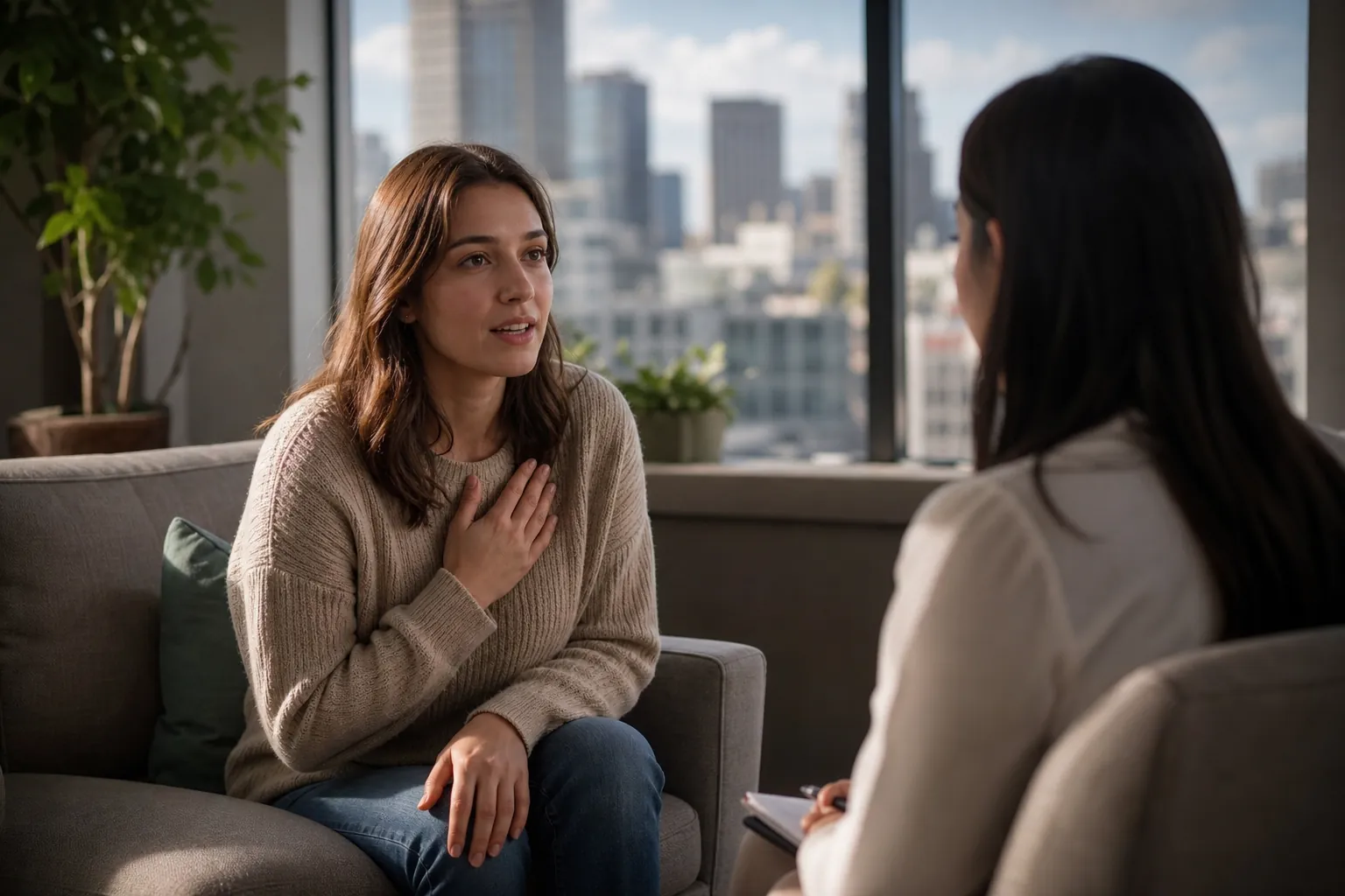 Woman Discussing Symptoms in a Consultation A woman seated on a gray sofa holds a hand to her chest while speaking to another woman with a notebook by a city-view window.
