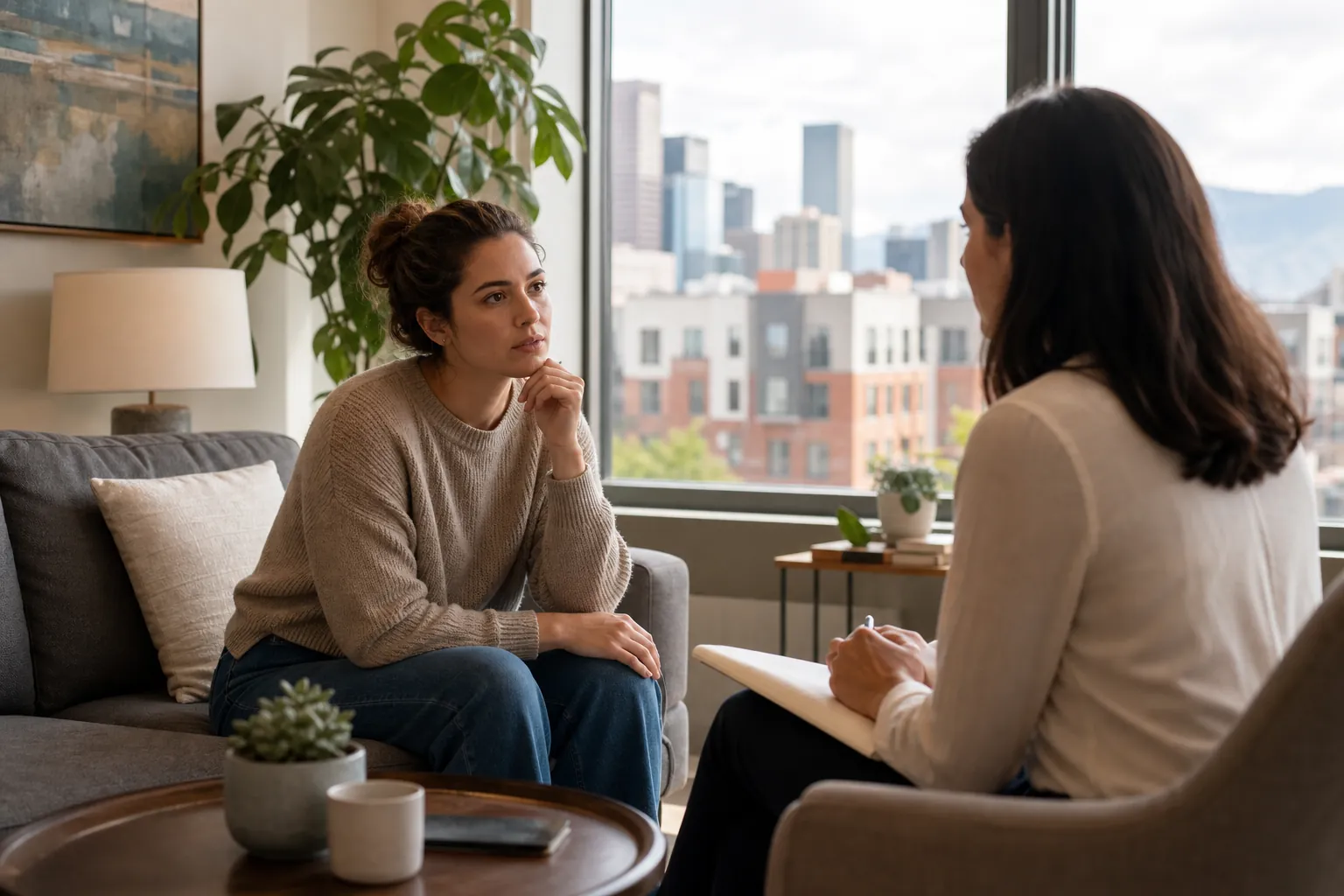 One-on-One Mental Health Consultation in a Bright Office A woman on a gray sofa speaks with another woman holding a pen and notepad in a bright office overlooking a city.