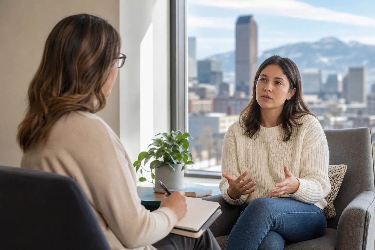 A woman gestures while speaking with a note-taking professional beside a window overlooking a city and mountains.