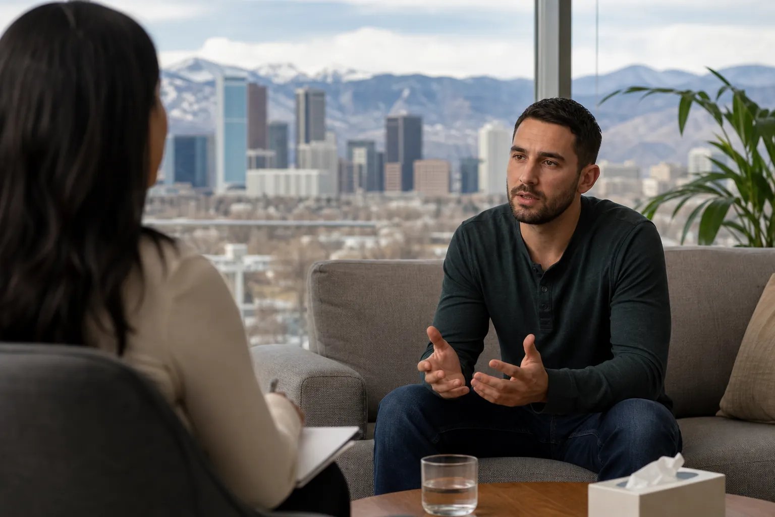Counseling Conversation With City and Mountain Views A man gestures while speaking with a woman holding a notepad, with a city skyline and mountains beyond the office windows.