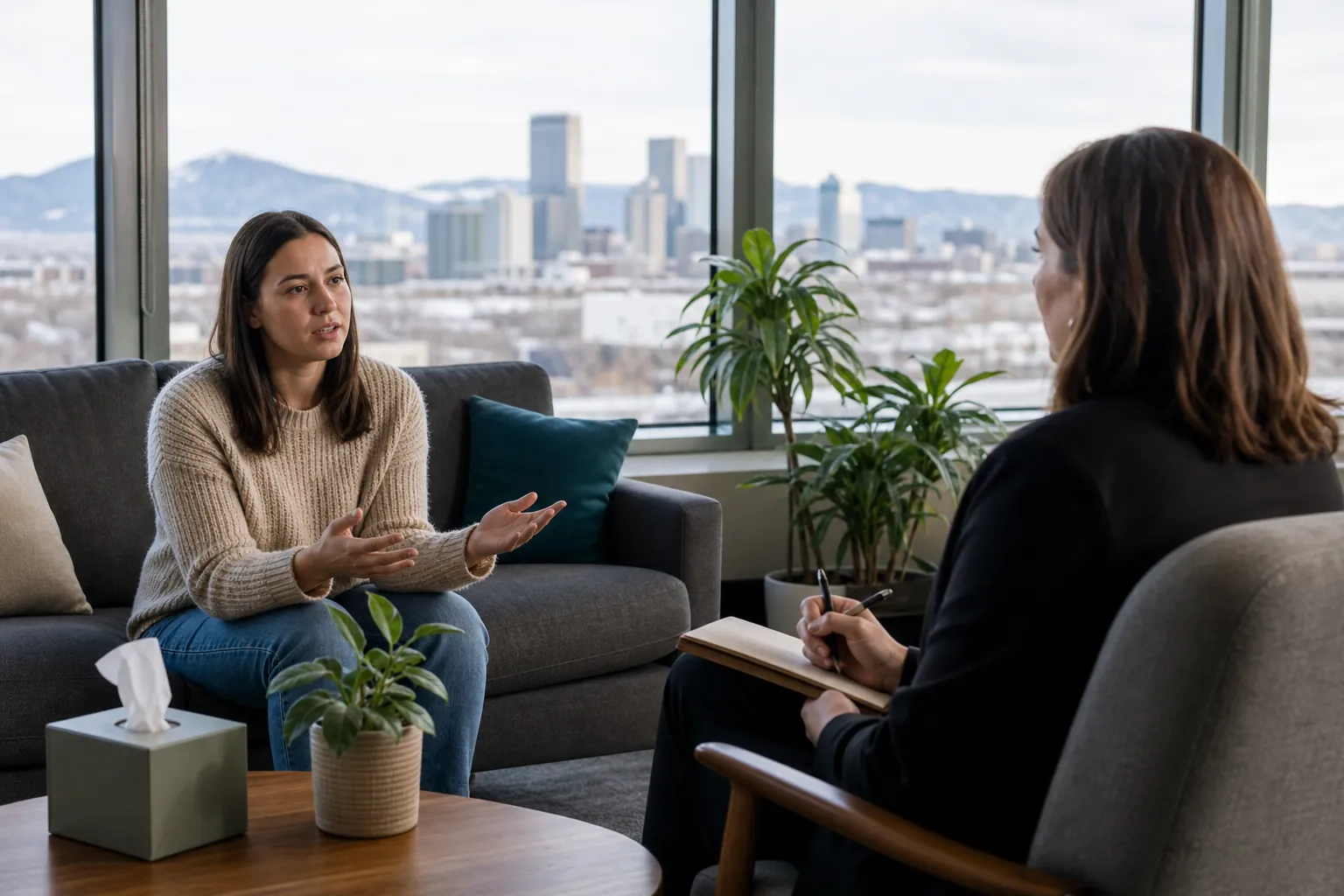 Counseling Session in an Office With Mountain Views A woman gestures while speaking with a counselor holding a notebook in an office overlooking a city and mountains.