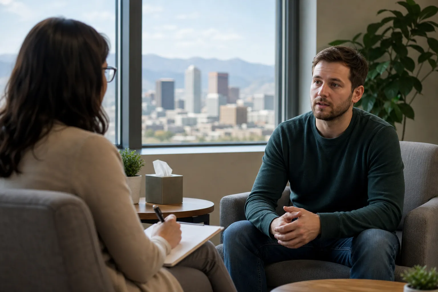 One-on-One Assessment in a Counseling Office A man sits facing a woman holding a pen and clipboard in an office with a city skyline and mountains outside the window.
