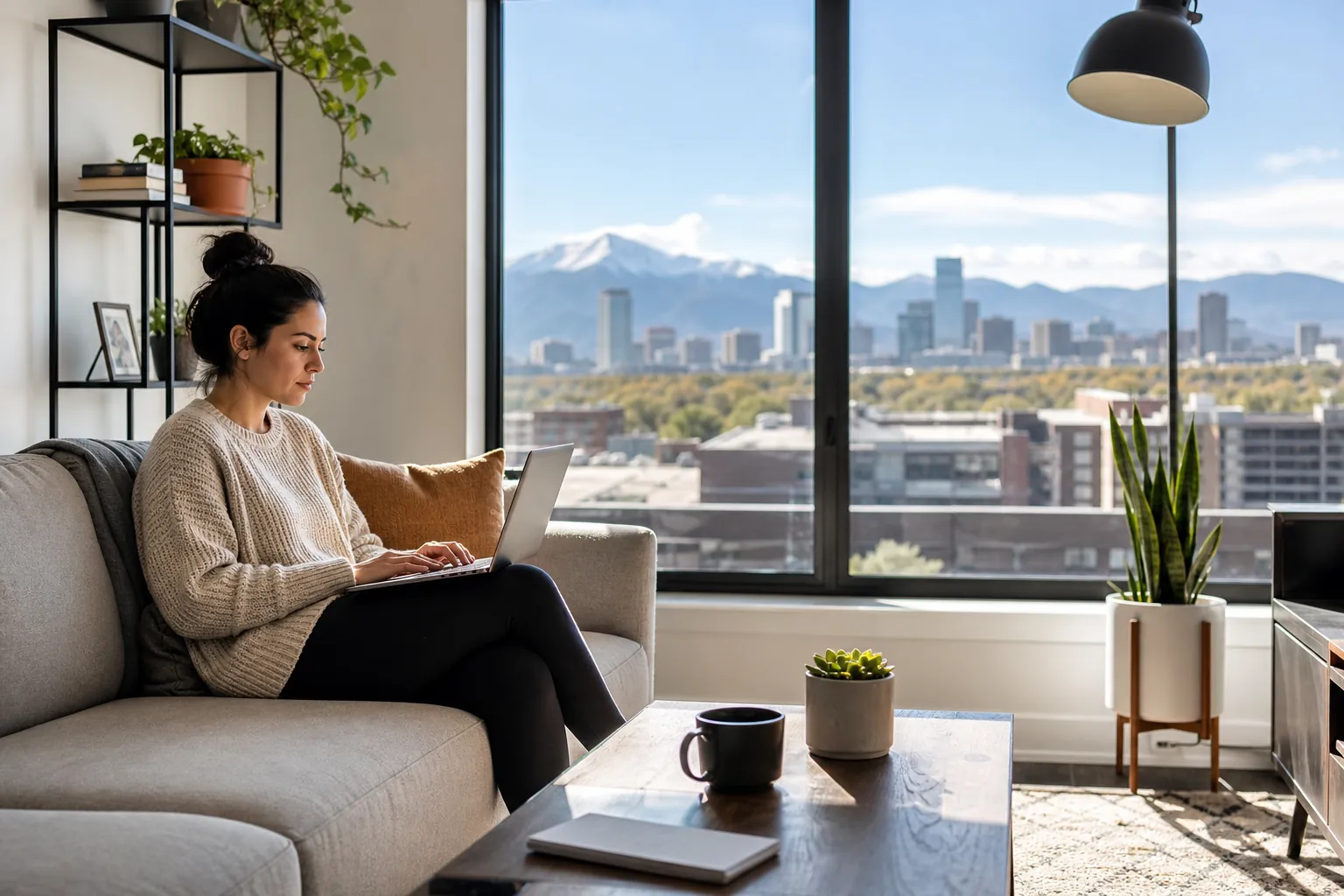A woman uses a laptop on a gray sofa in a bright apartment overlooking a city skyline and snowcapped mountains.