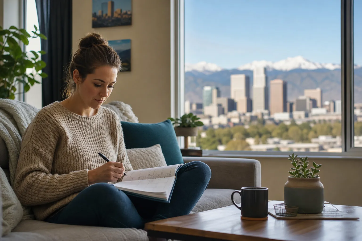 A woman sits cross-legged on a sofa, writing in a notebook beside a window overlooking a city skyline and snowy mountains.