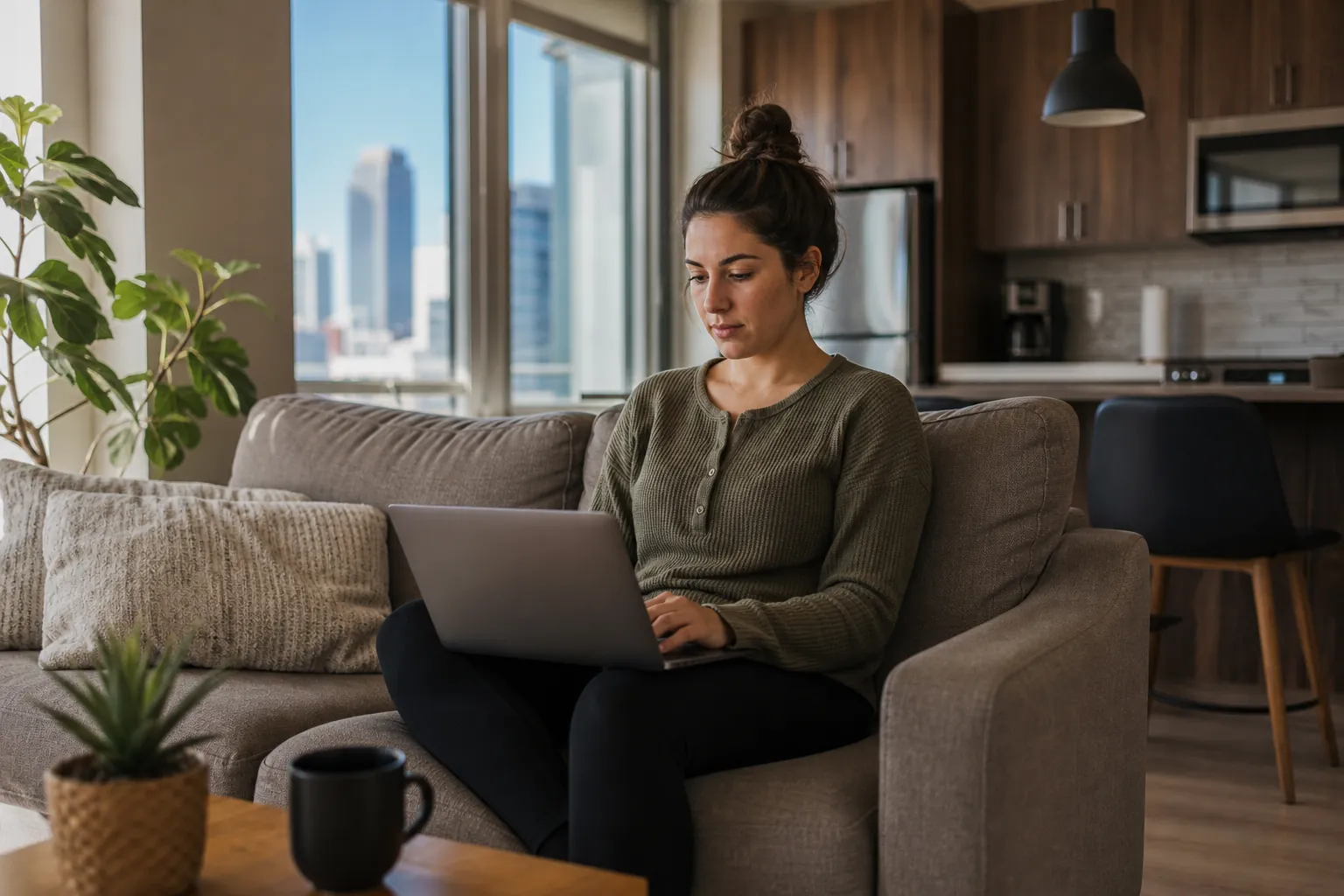 A woman uses a laptop on a gray sofa in a sunlit apartment with an open kitchen, houseplants, and a mug on the coffee table.