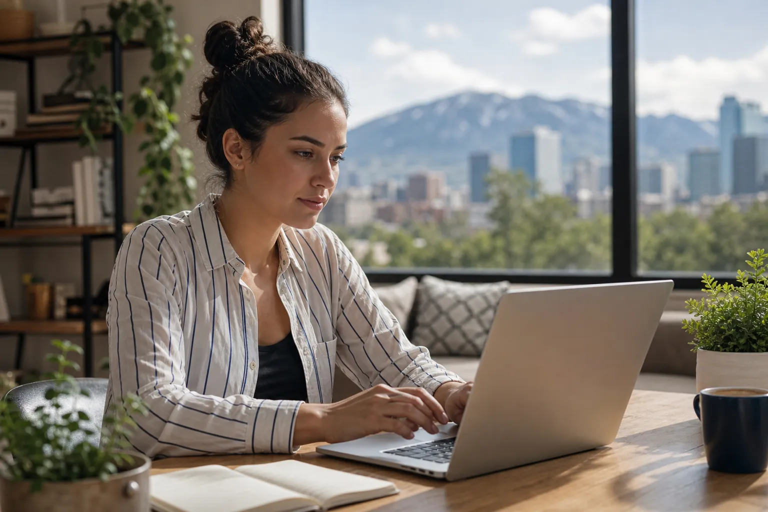 Woman Working on a Laptop With Mountain Views A woman works on a laptop at a wooden table beside a notebook and mug, with a city skyline and mountains outside the window.