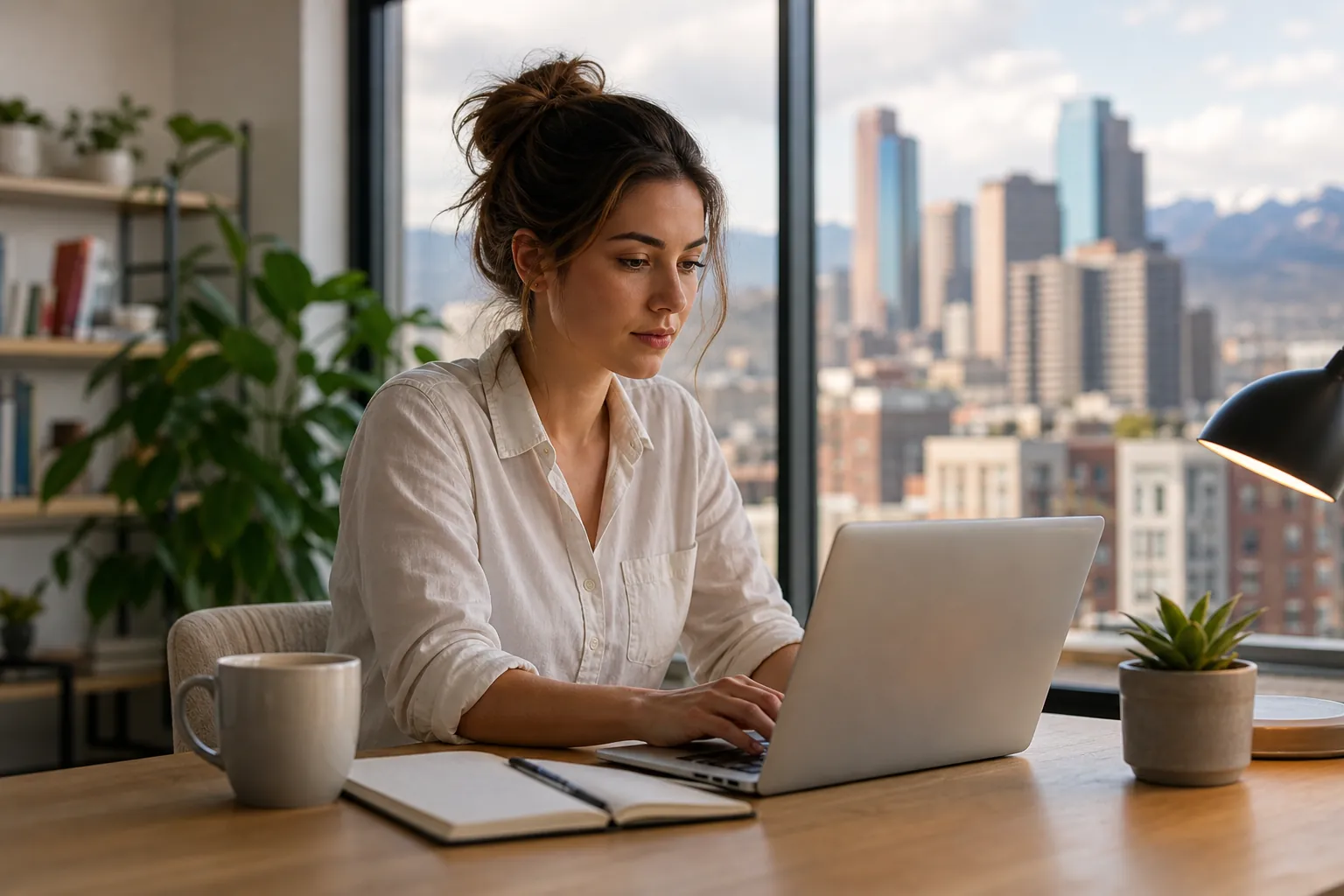 Woman Working on a Laptop by a City Window A woman works on a laptop at a wooden desk with a mug, notebook and plants beside a window overlooking a city skyline.