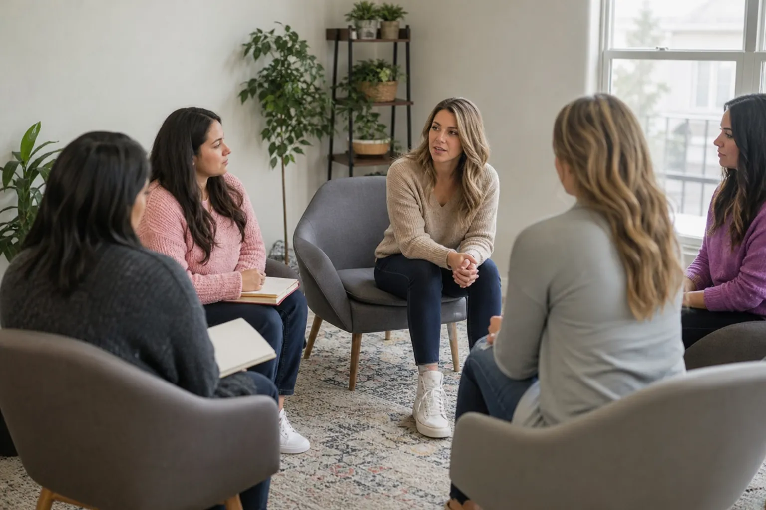 Women Seated in a Support Group Discussion Five women sit in a circle in a bright room with plants, listening to a woman in a beige sweater speak.