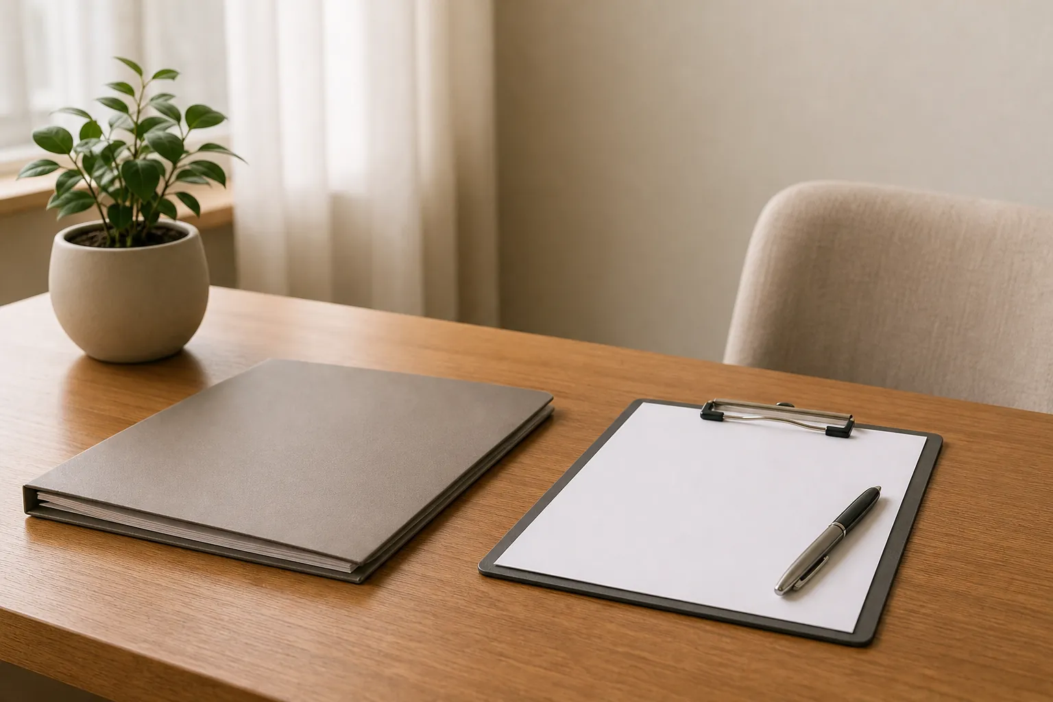 Blank Paperwork and Pen on an Office Desk A blank sheet on a clipboard with a pen beside a closed gray folder and potted plant on a wooden desk.