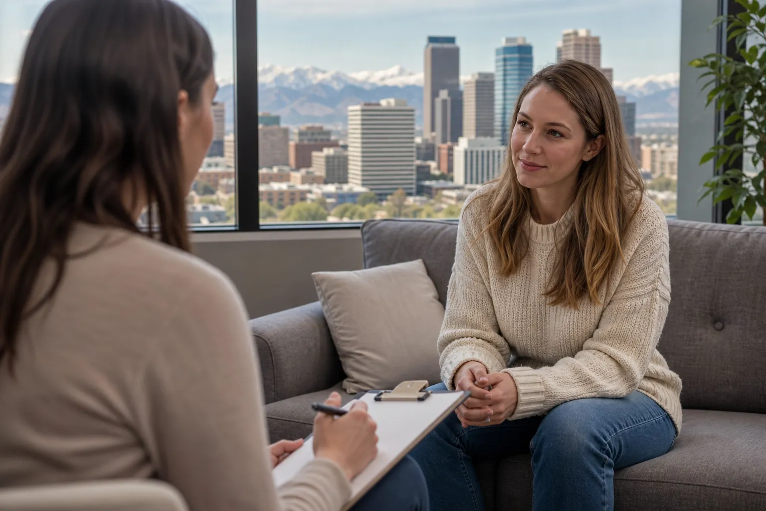 Office Consultation With City and Mountain Views A woman sits on a gray sofa facing a professional holding a clipboard, with a city skyline and mountains beyond the windows.