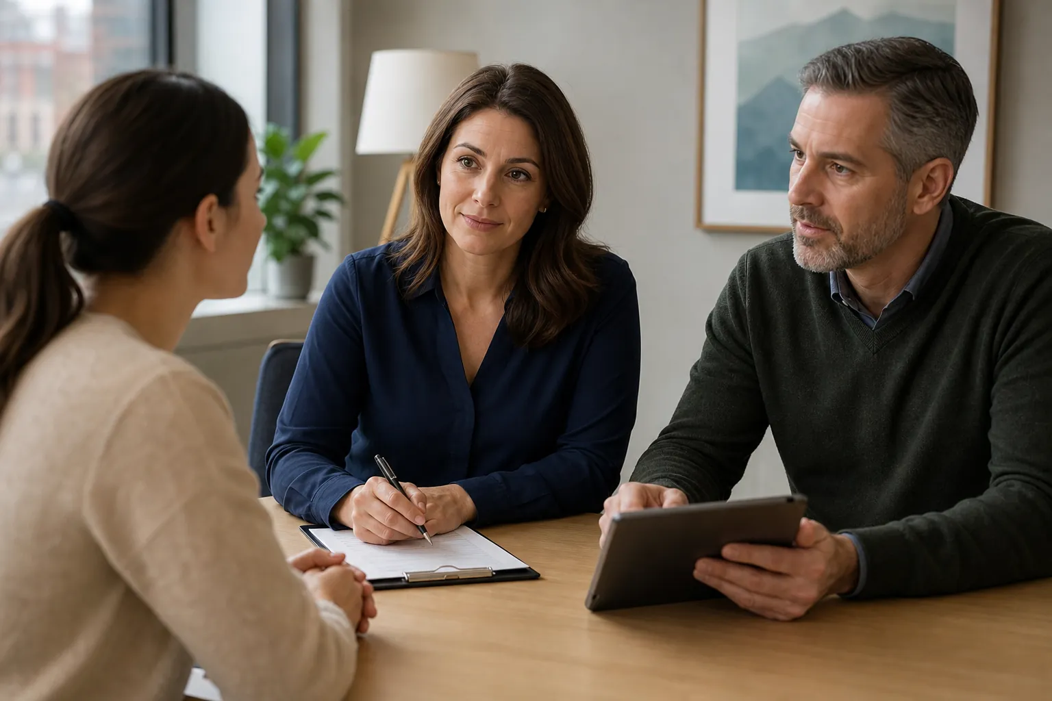 Office Consultation With Clipboard and Tablet Three adults meet across a wooden desk, with one woman holding a pen over a clipboard and a man holding a tablet.