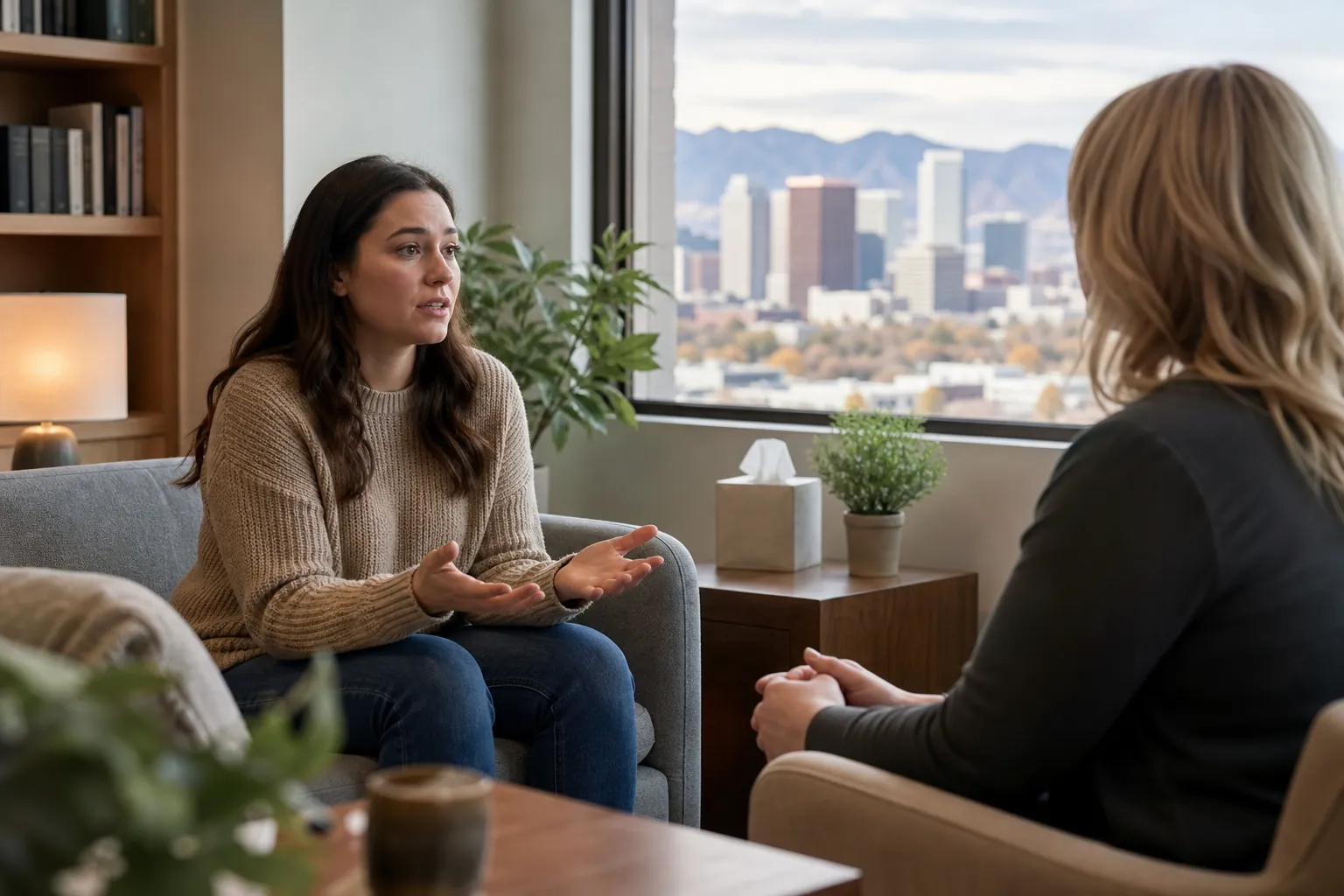 Supportive Conversation in a City Office A woman gestures while talking with another woman in an office overlooking a city skyline and distant mountains.