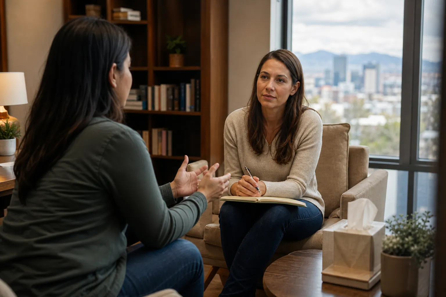 Supportive Conversation in a Counseling Office Two women sit facing each other in an office, one gesturing while the other listens with a pen and open notebook on her lap.