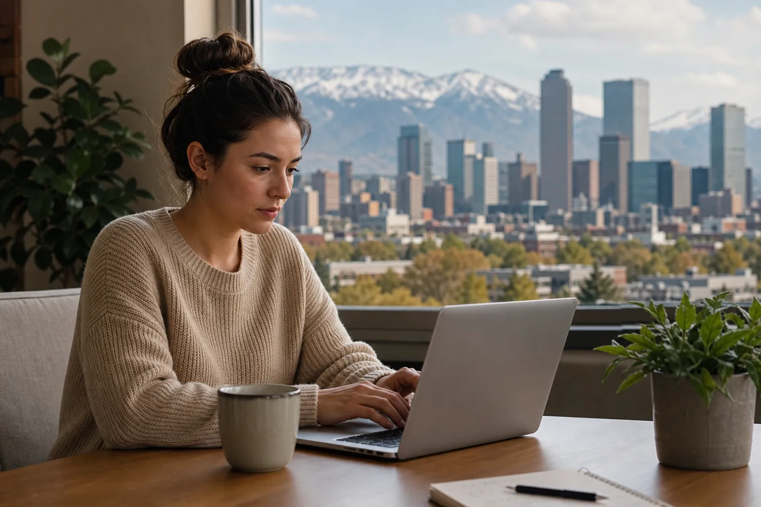 Woman Working on a Laptop With City and Mountain Views Woman in a beige sweater working on a laptop at a table beside a window overlooking a city skyline and snowy mountains.