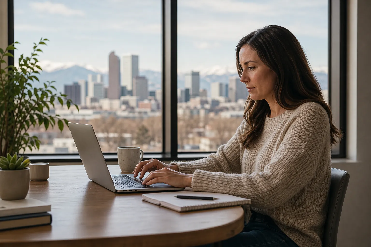 Woman Working on a Laptop With a City View A woman in a knit sweater works on a laptop at a wooden table overlooking a city skyline and distant mountains.