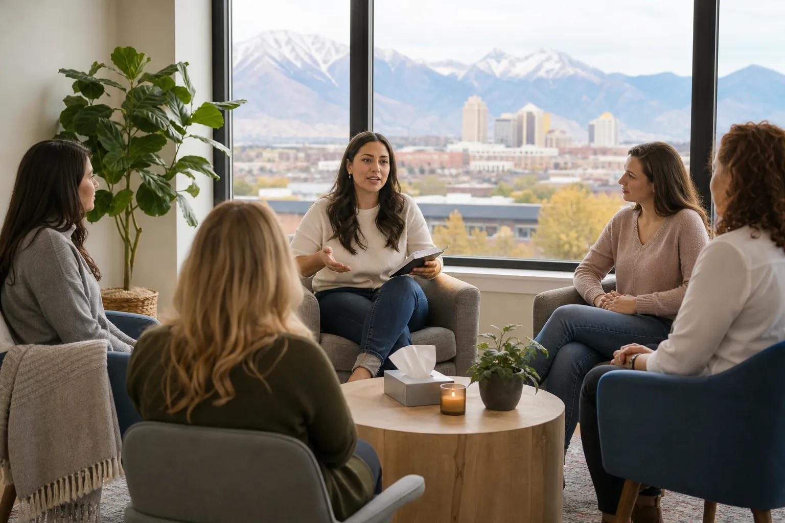 Women in a Group Discussion With Mountain Views Five women sit in a discussion circle around a coffee table, with a city skyline and snowcapped mountains outside large windows.