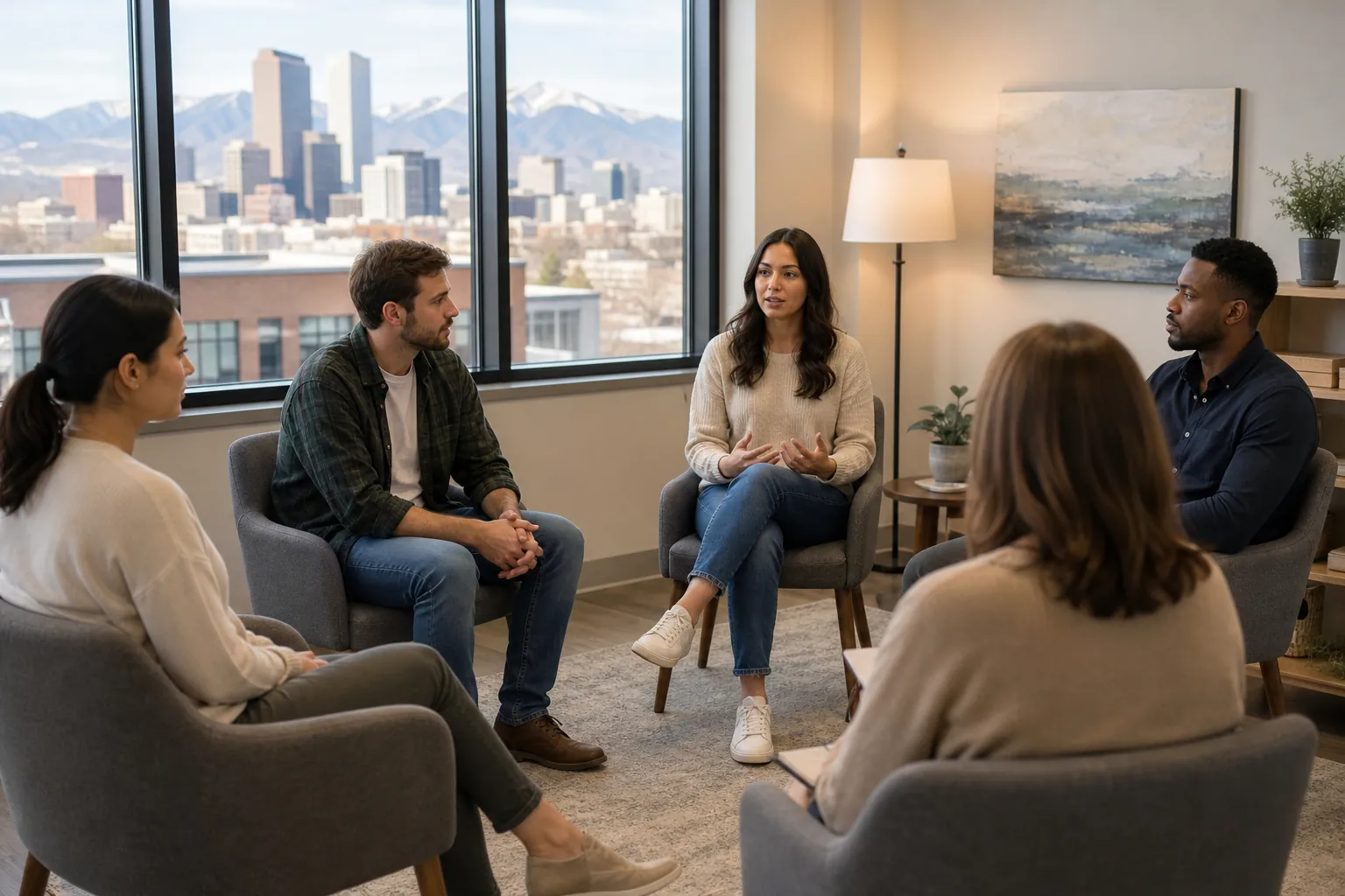 Group Therapy Discussion in a City Office Five adults sit in a circle during a group therapy discussion in an office overlooking a city skyline and mountains.