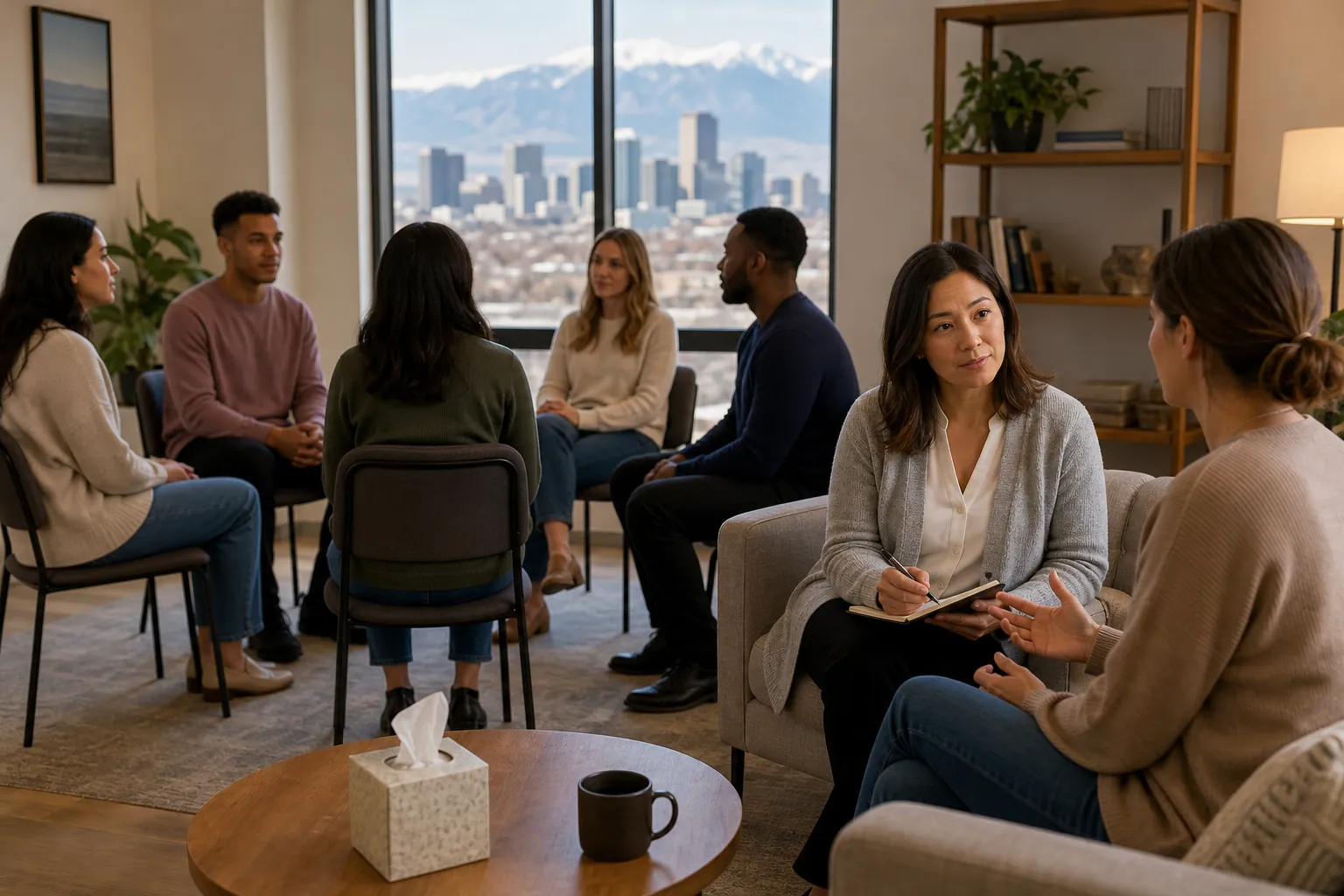Individual Counseling Beside a Group Therapy Session A therapist takes notes during an individual session while six adults sit in a therapy circle near a window overlooking mountains.