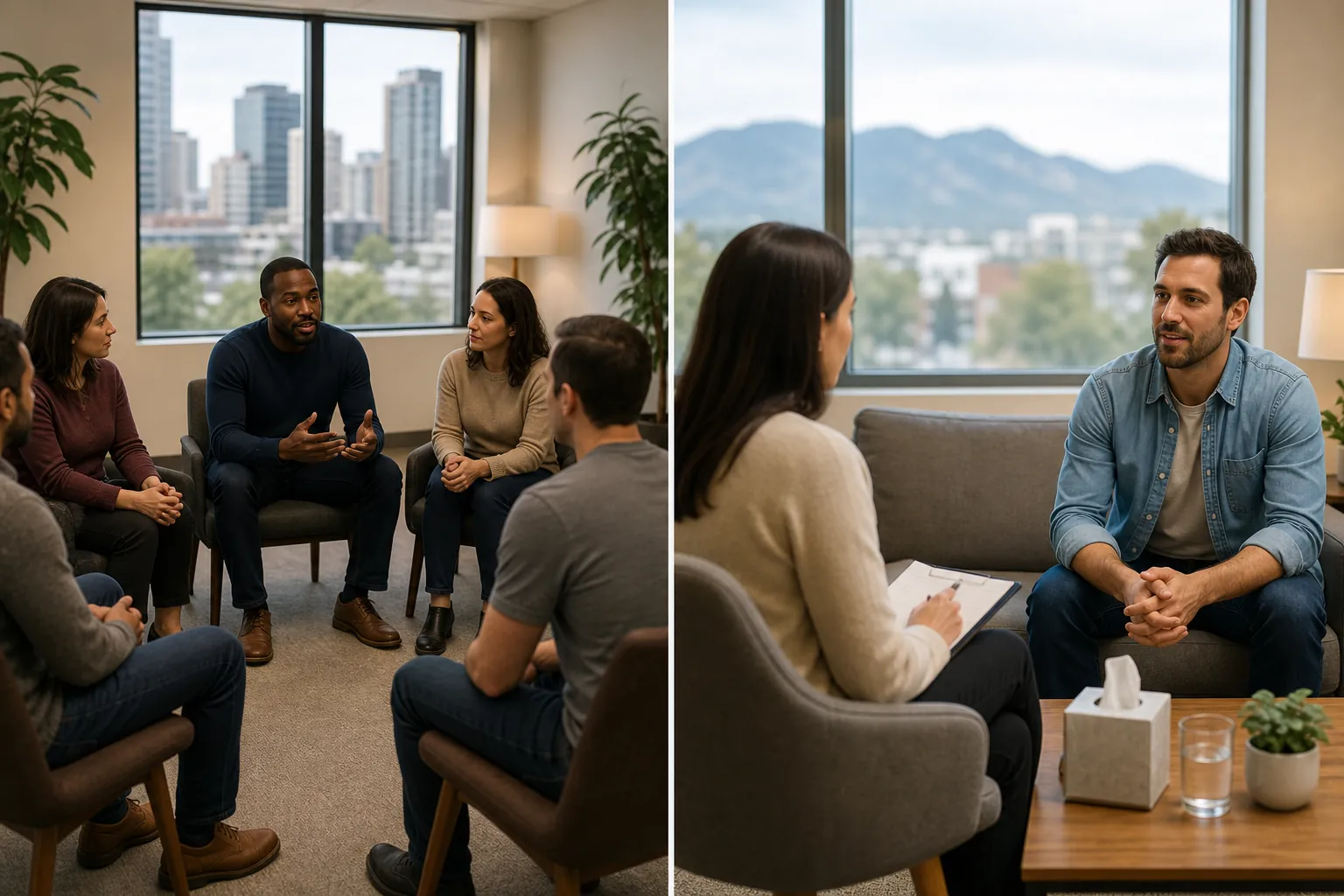 Group Discussion and Individual Therapy Session Split view of five adults in a group therapy circle and a man talking with a woman holding a clipboard in an individual session.