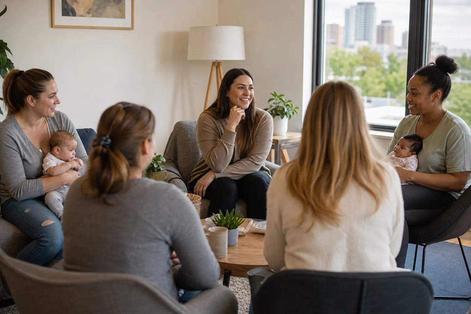 Women and Babies Gather for a Support Group Five women sit in a circle around a coffee table in a bright room, with two holding babies during a group gathering.
