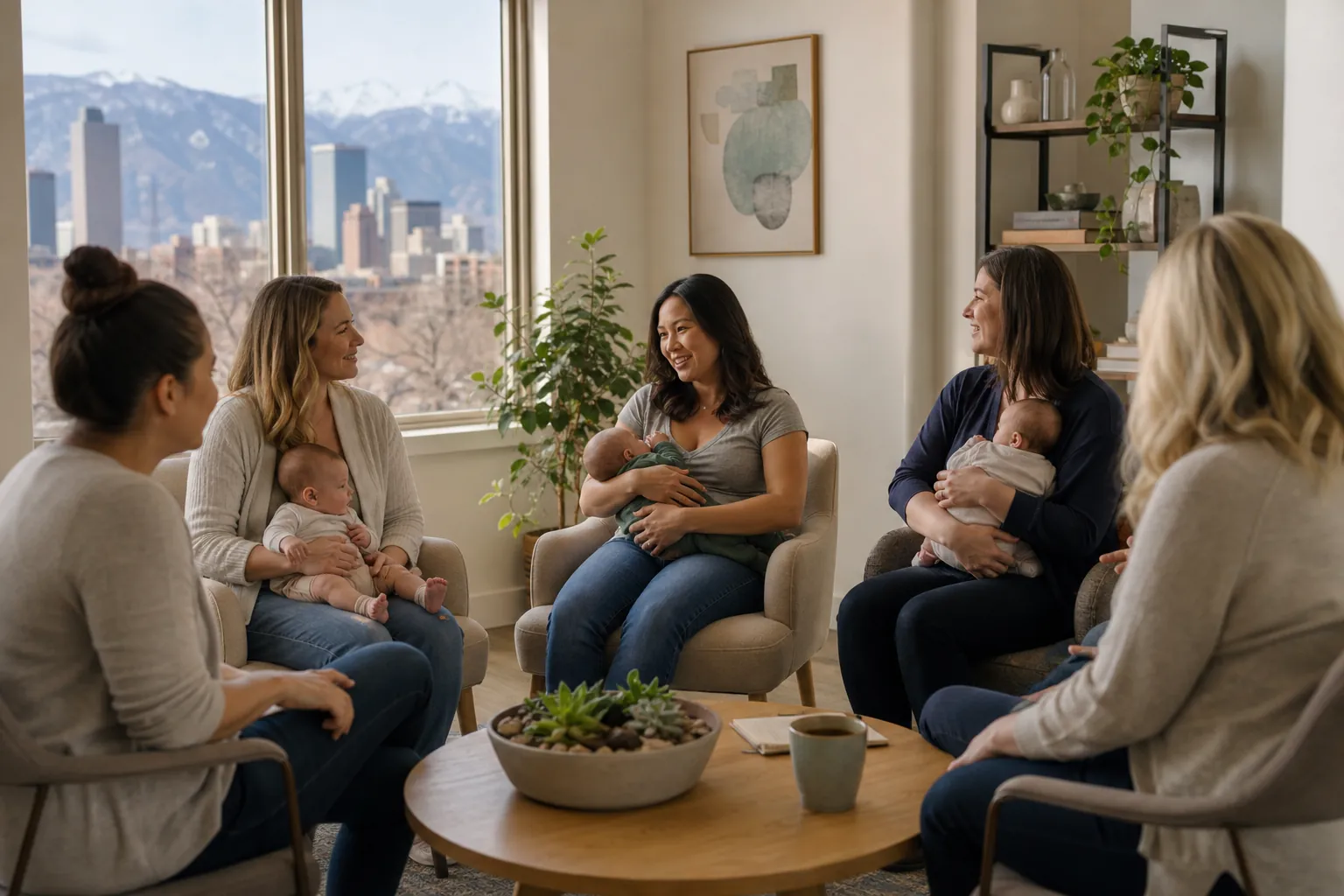 Mothers and Babies Gather for a Support Group Five women sit in a circle, three holding babies, in a bright room overlooking a city skyline and snowcapped mountains.