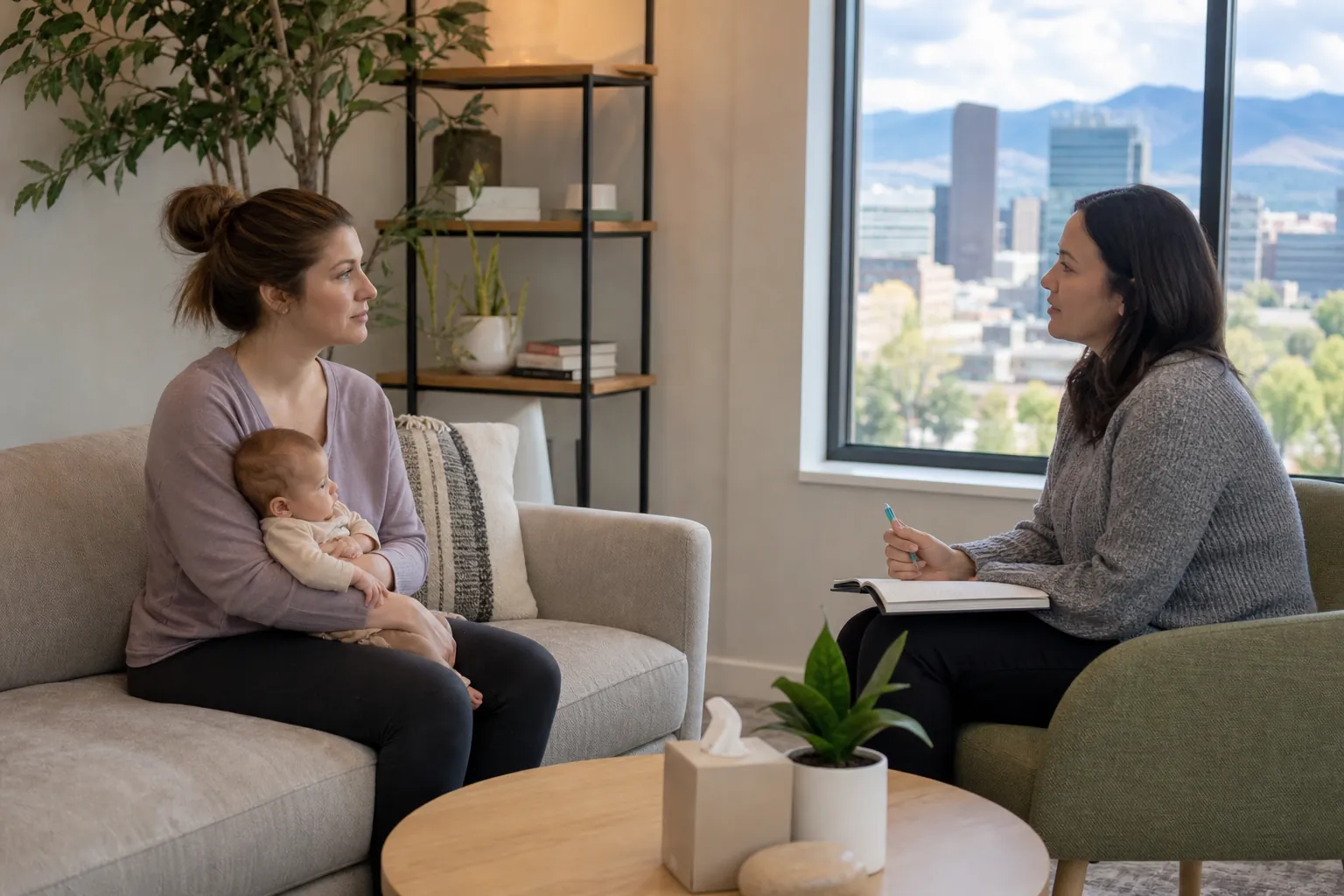 Mother and Baby at a Postpartum Counseling Assessment A mother holds her baby on a sofa while speaking with a woman holding a pen and notebook in a bright office.
