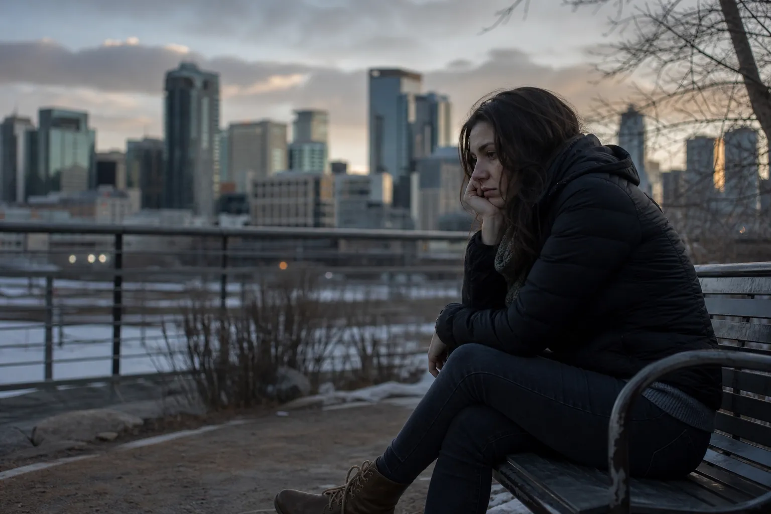 Woman Sitting Alone on a Bench Near a City Skyline A woman in a black winter jacket sits alone on a park bench, resting her chin on her hand with a city skyline behind her.