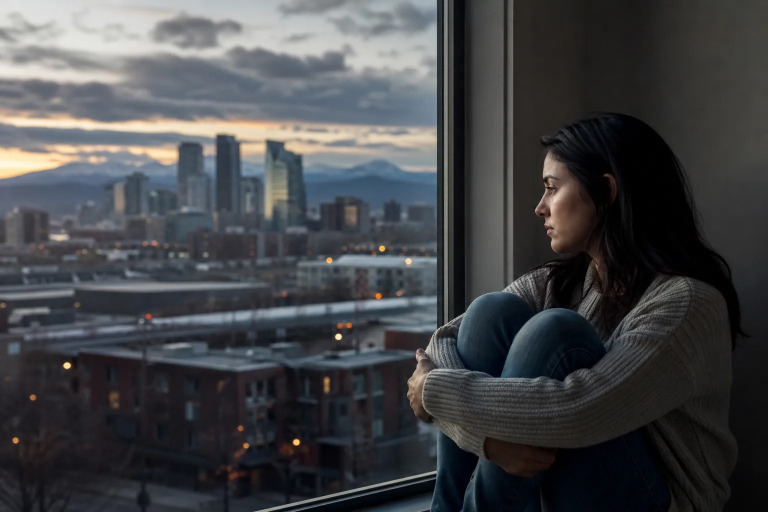 Woman Sitting by a Window Overlooking a City A woman in a gray sweater sits with her knees drawn up beside a window overlooking a city skyline and distant mountains.