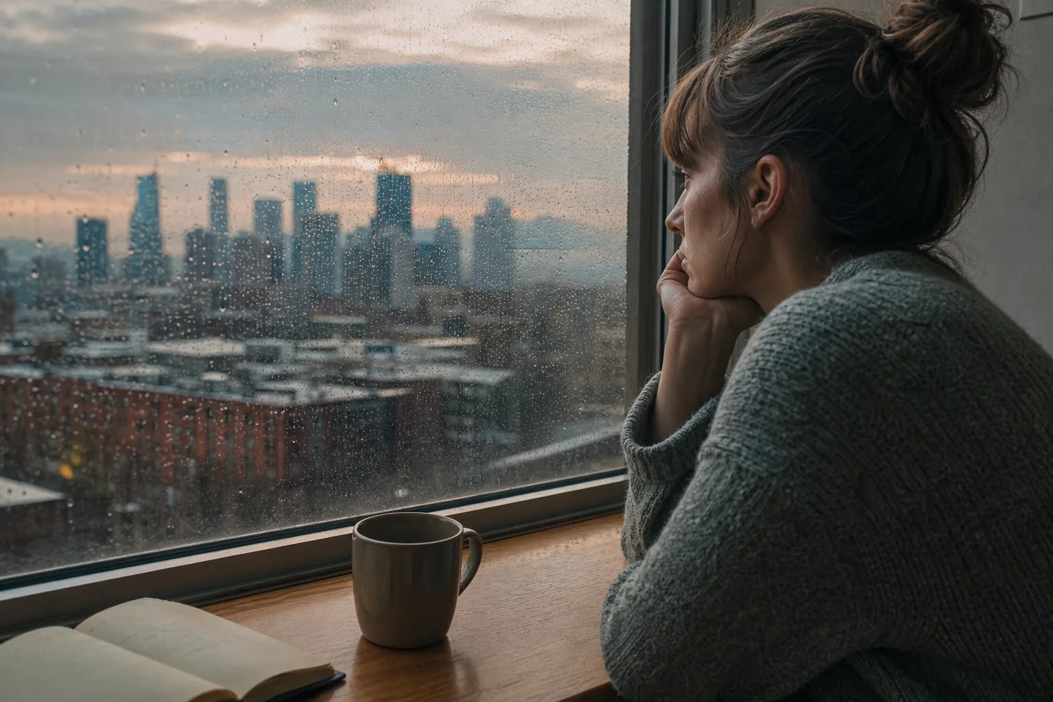 Woman Reflecting Beside a Rainy City Window A woman in a gray sweater rests her chin on her hand beside a rainy window, with a city skyline, mug, and open book nearby.