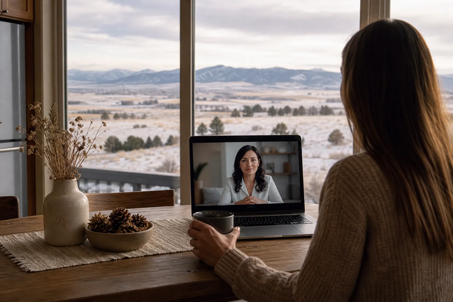 Woman Attending a Telehealth Visit at Home A woman holding a mug consults a clinician on a laptop beside a window overlooking snowy fields and distant mountains.