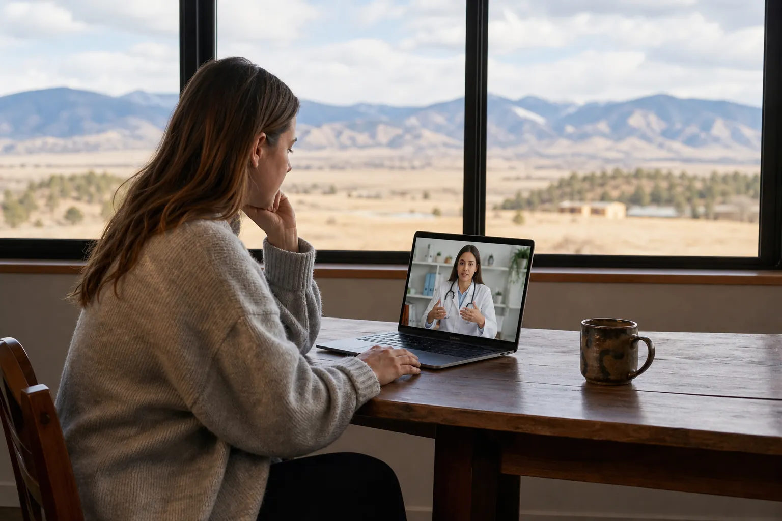 Woman Attending a Telehealth Visit With Mountain Views A woman consults a doctor on a laptop at a wooden table beside a mug, with open plains and mountains beyond large windows.