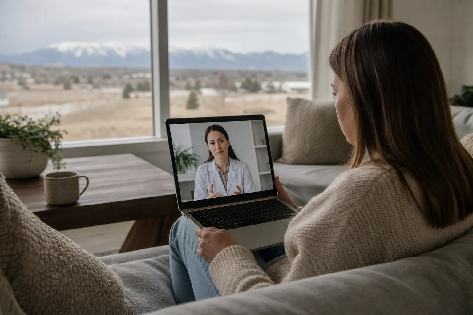 Woman Consulting a Clinician by Video From Home A woman on a sofa holds a laptop showing a clinician in a white coat, with snowy mountains visible through the window.