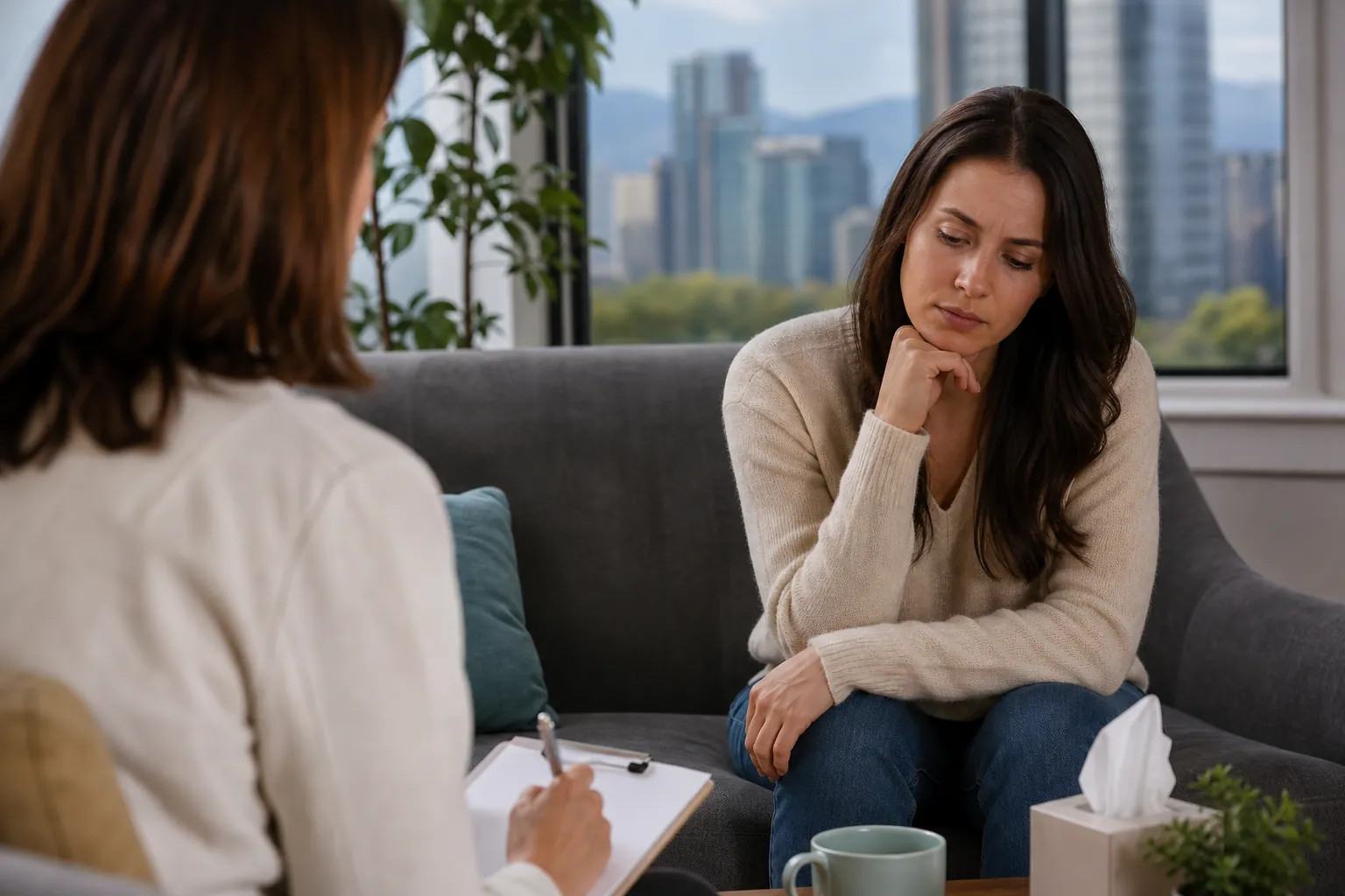A pensive woman rests her chin on her hand on a gray sofa while another woman holds a pen over a clipboard.