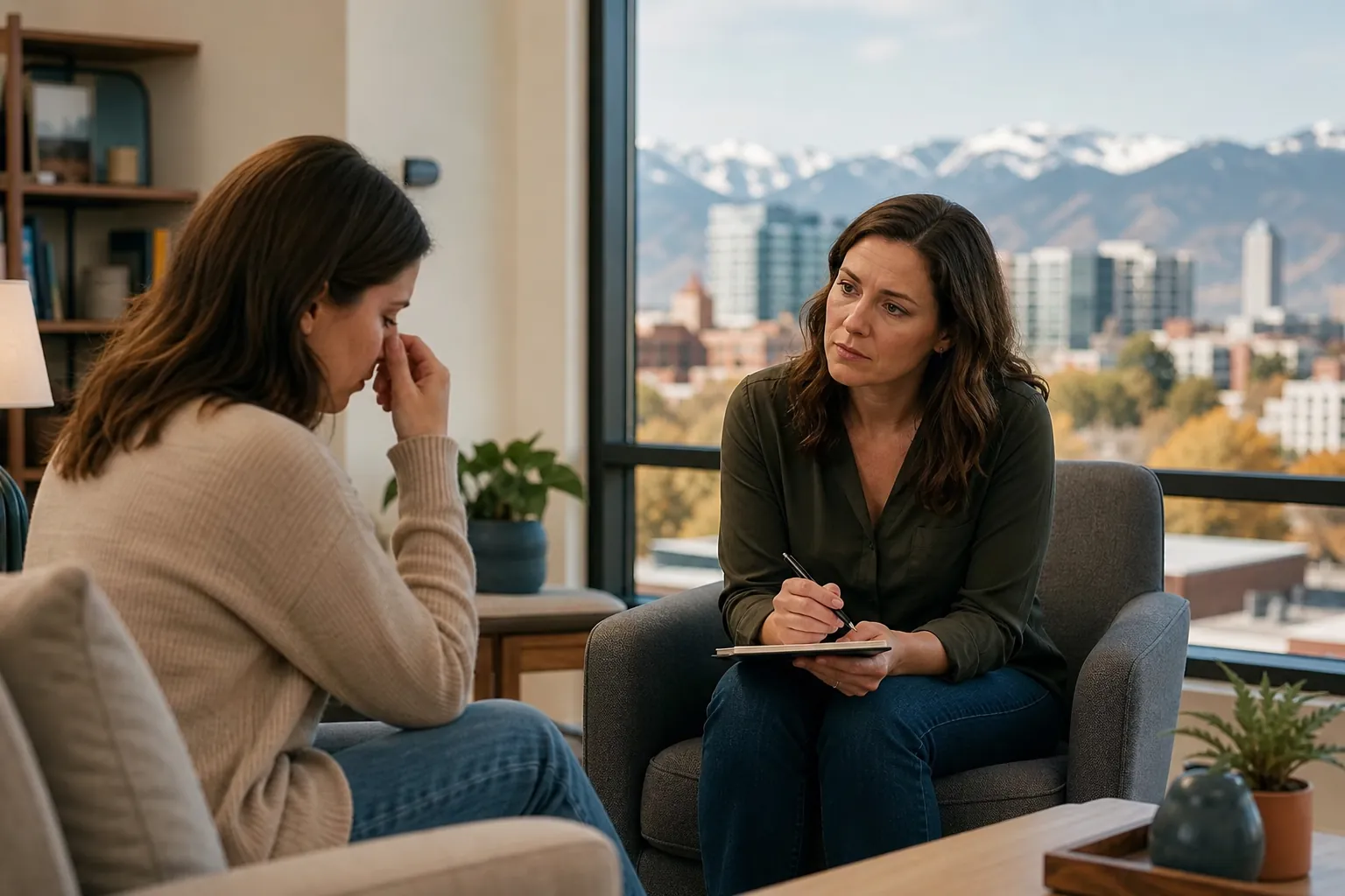 A woman touches her face while another woman holds a pen and notebook, seated beside a window overlooking a city and snowy mountains.