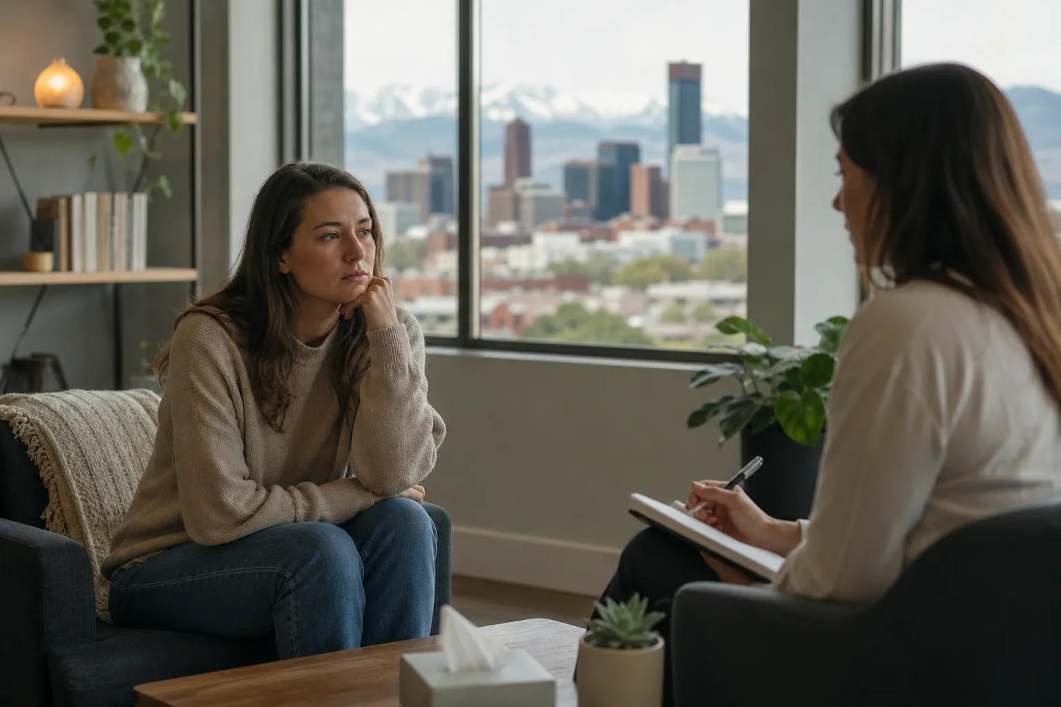 A woman rests her chin on her hand while a therapist holds a pen and notebook, with a city skyline and mountains behind them.