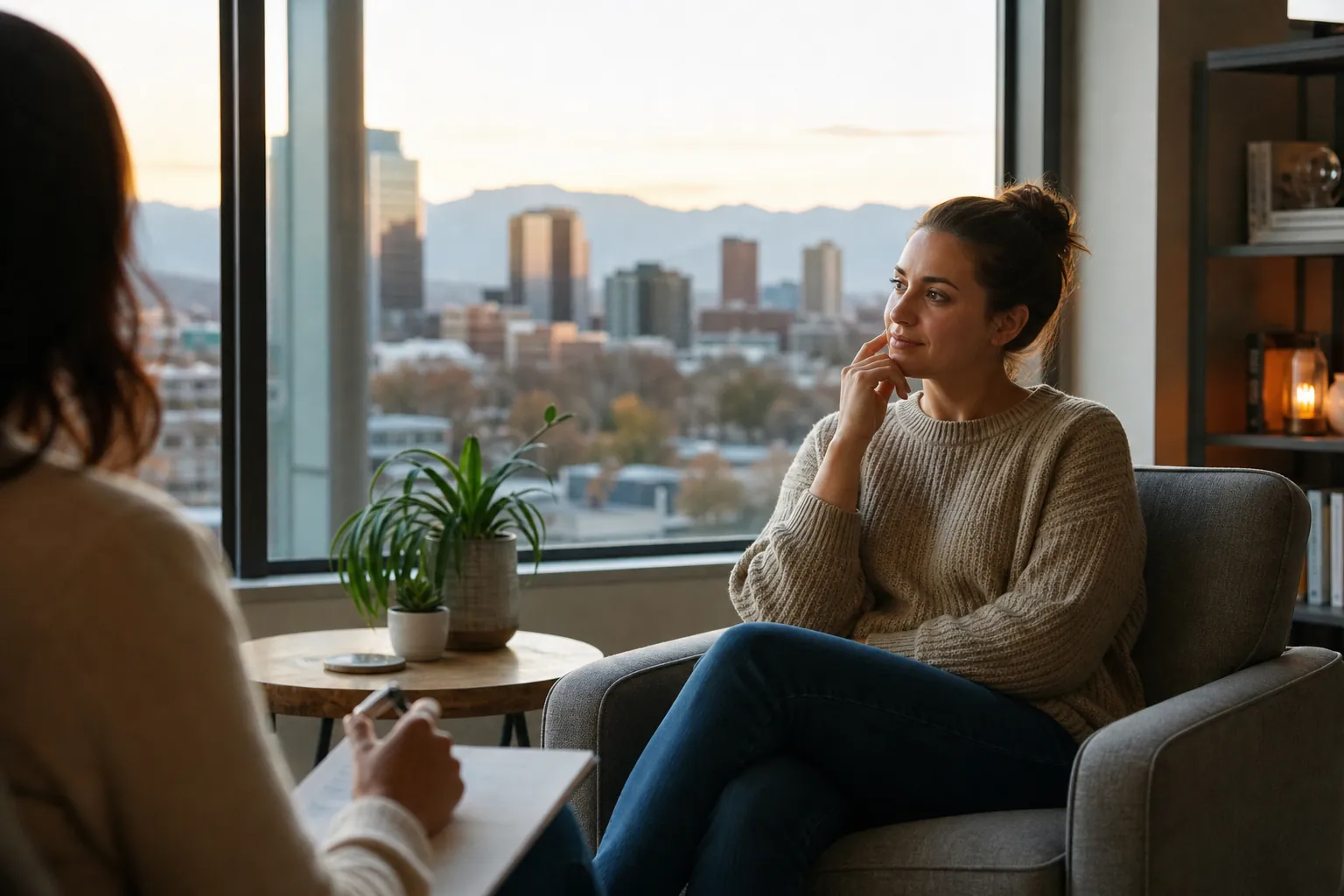 Woman in a Counseling Session by a City Window A woman sits in an armchair facing a person holding a pen and clipboard, with a city skyline and mountains outside.