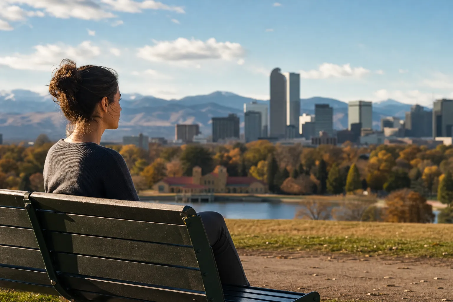 Woman Overlooking Denver Skyline From a Park Bench A woman sits on a park bench overlooking a lake, autumn trees, Denver's skyline, and distant mountains.