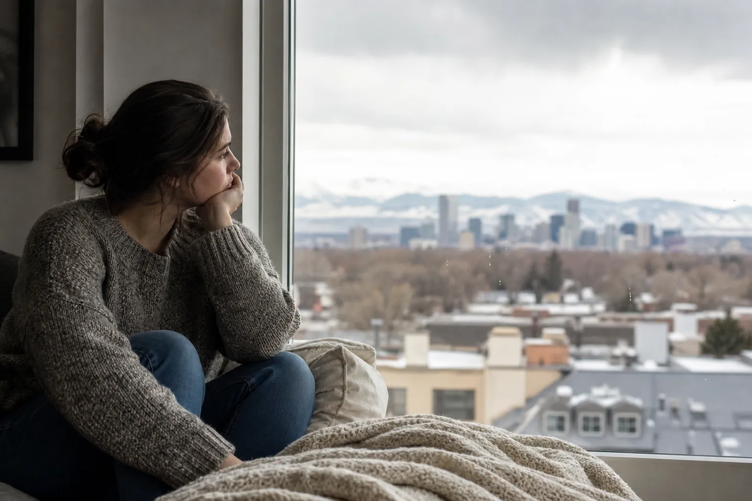 Woman Gazing Out a Window Toward a Winter City A woman in a gray sweater sits curled up beside a window, resting her chin on her hand and looking toward a city and snowy mountains.