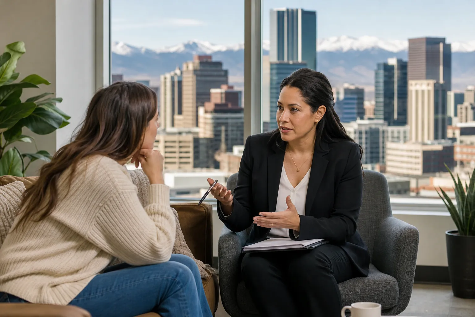 Two Women in an Office Consultation Two women sit facing each other in an office, one holding a pen and clipboard, with a city skyline and snowy mountains outside.